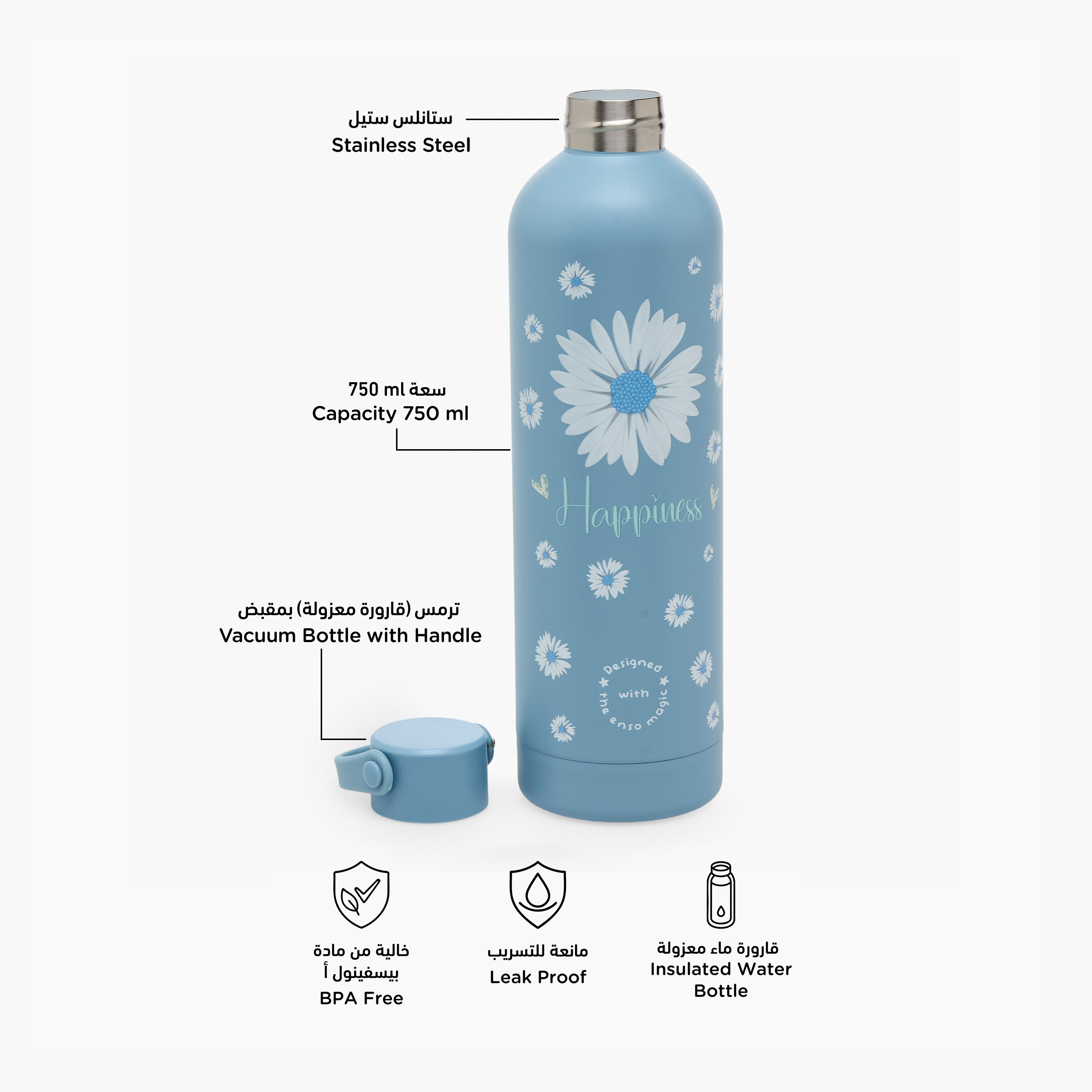 قارورة مياه ستانلس ستيل بملمس مانع للانزلاق وبطبعات زهرية من إنسو -  750 مل-school-waterbottles-image-2