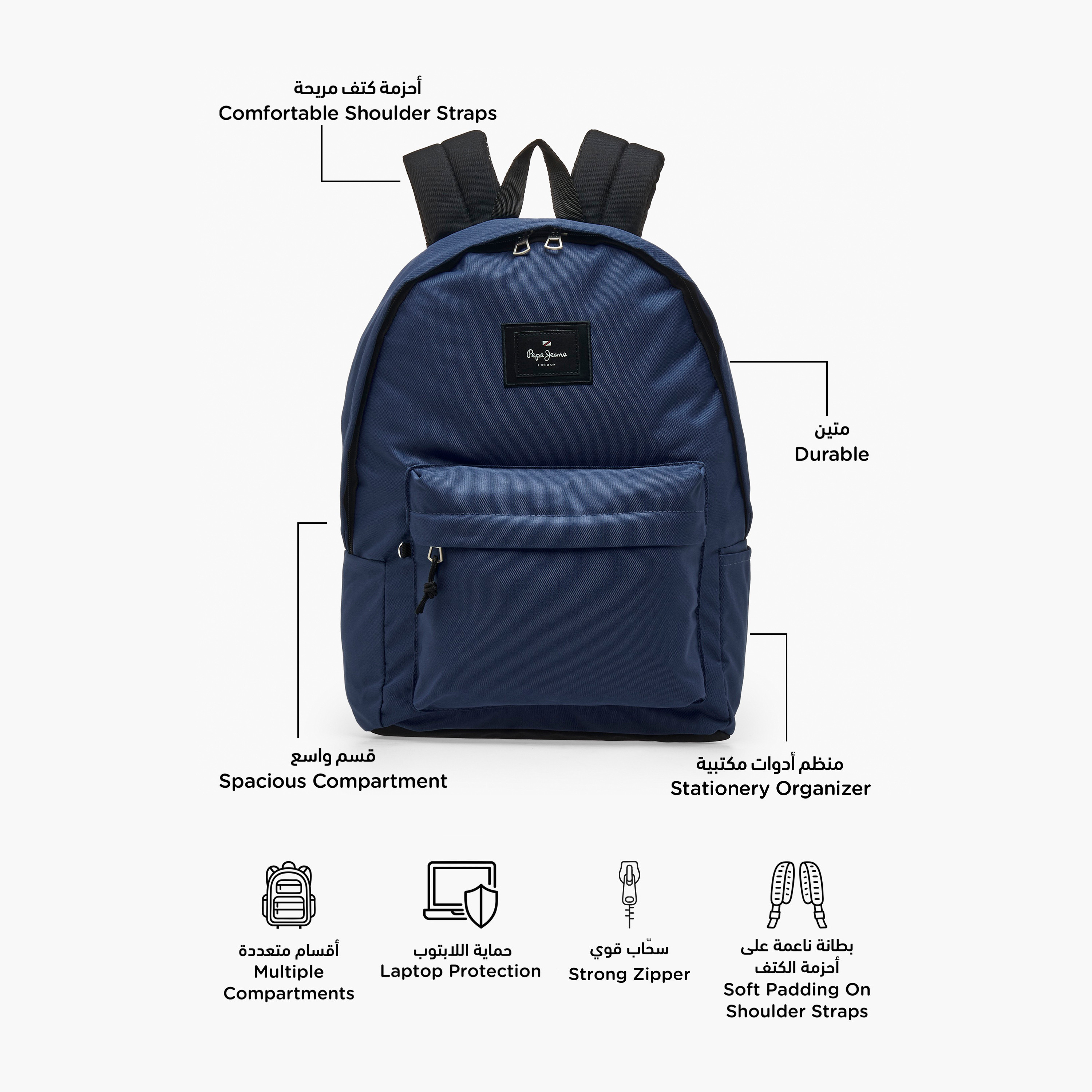 Pepe Jeans Aris Logo Applique Backpack for Boys 8-13 Years with Pencil Pouch - 18 inches-school-bagsandbackpacks-backpacks-image-3
