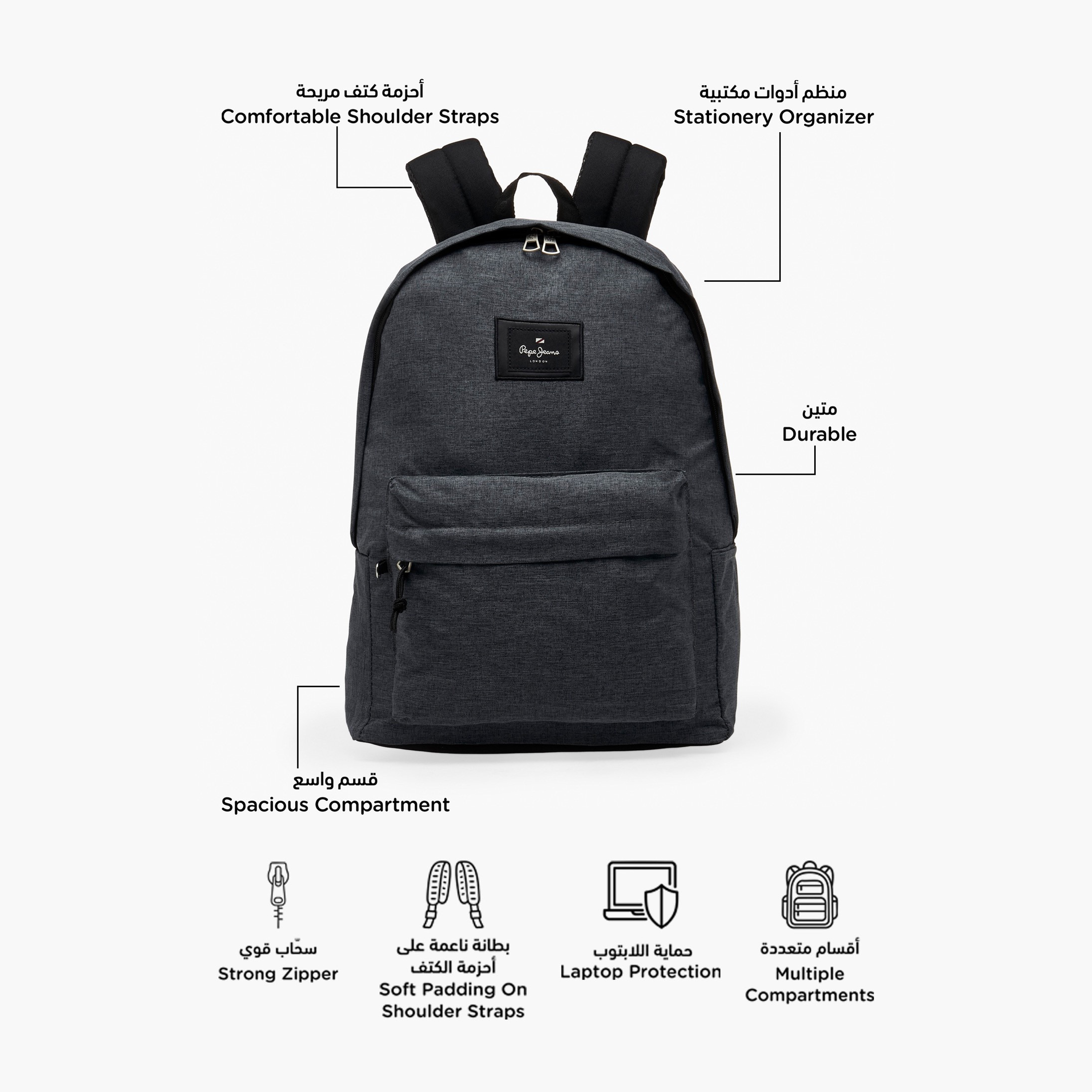 Pepe Jeans Aris Logo Applique Backpack for Boys 8-13 Years with Pencil Pouch - 18 inches-school-bagsandbackpacks-backpacks-image-3