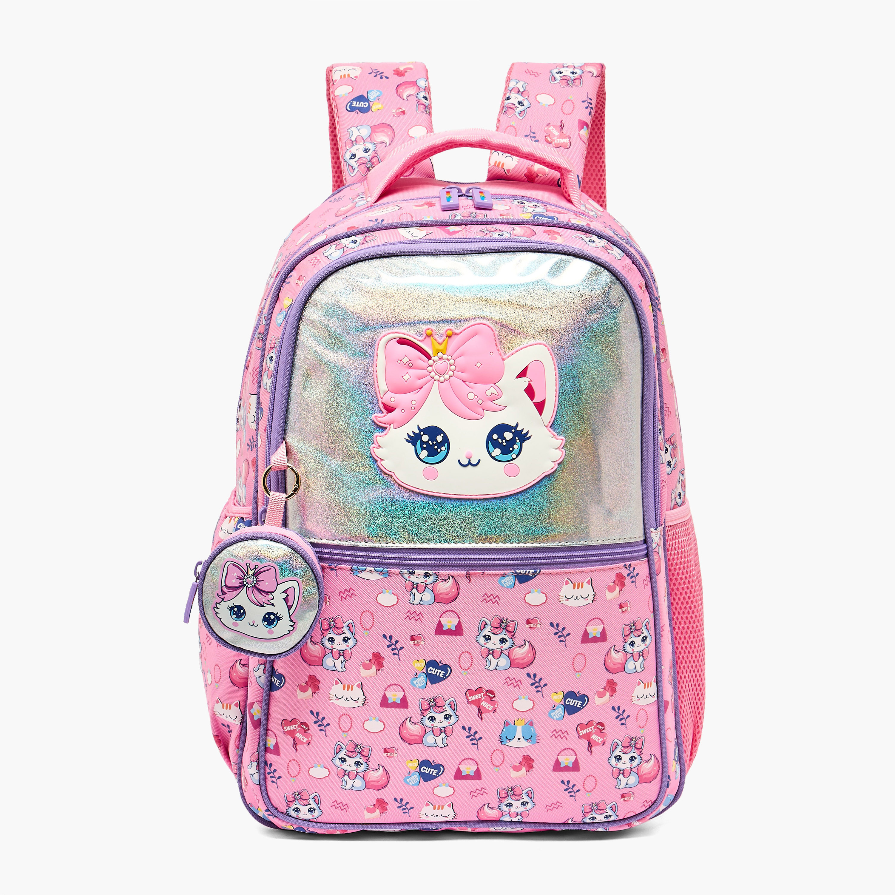 شنطة ظهر بطبعة قطة مع محفظة نقود للبنات 5 - 8 سنوات من تورسن - 17 بوصة-school-bagsandbackpacks-backpacks-image-1