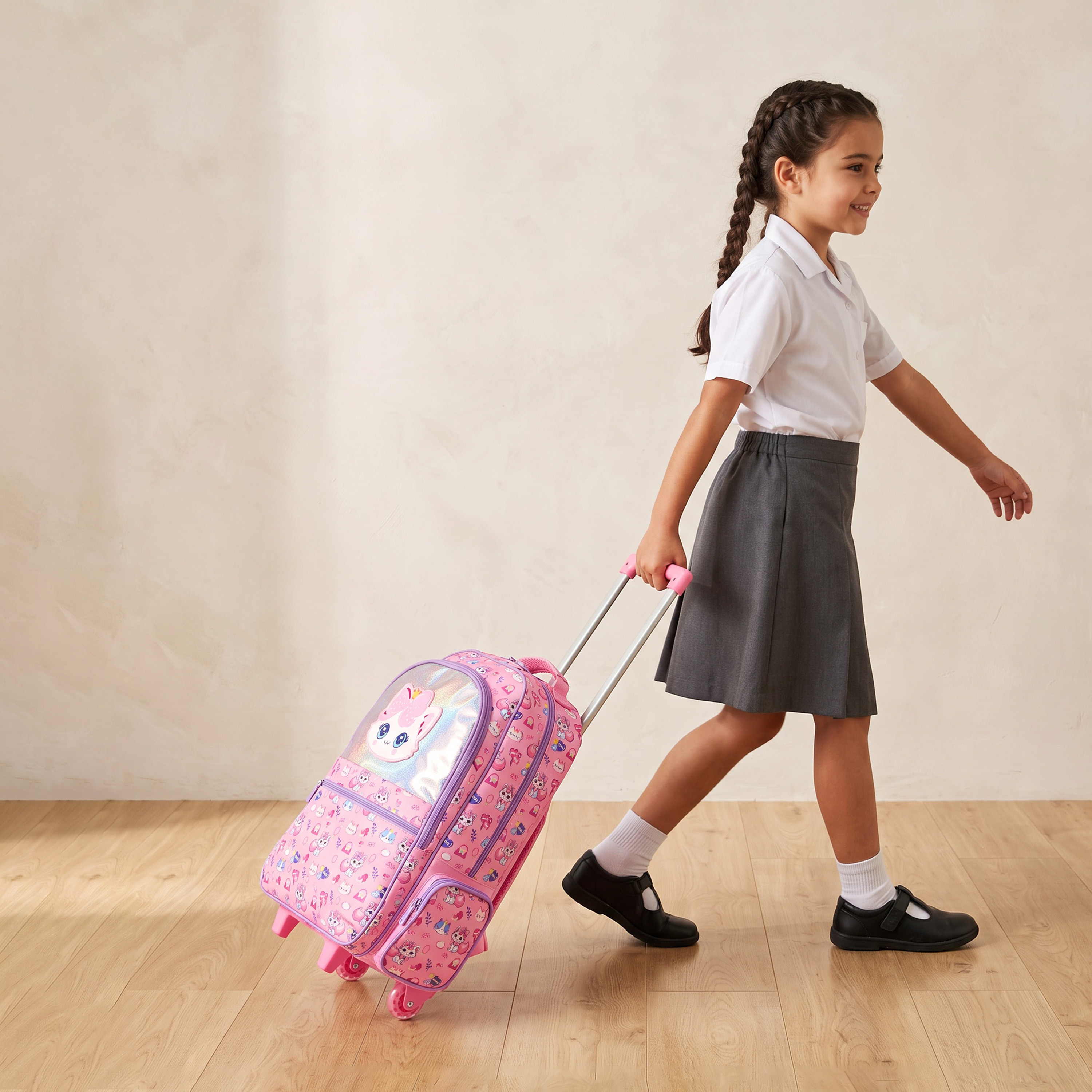 Toursun Cat Print Trolley Bag for Girls 5-8 Years with Retractable Handle - 19 inches-school-bagsandbackpacks-trolleybags-image-2