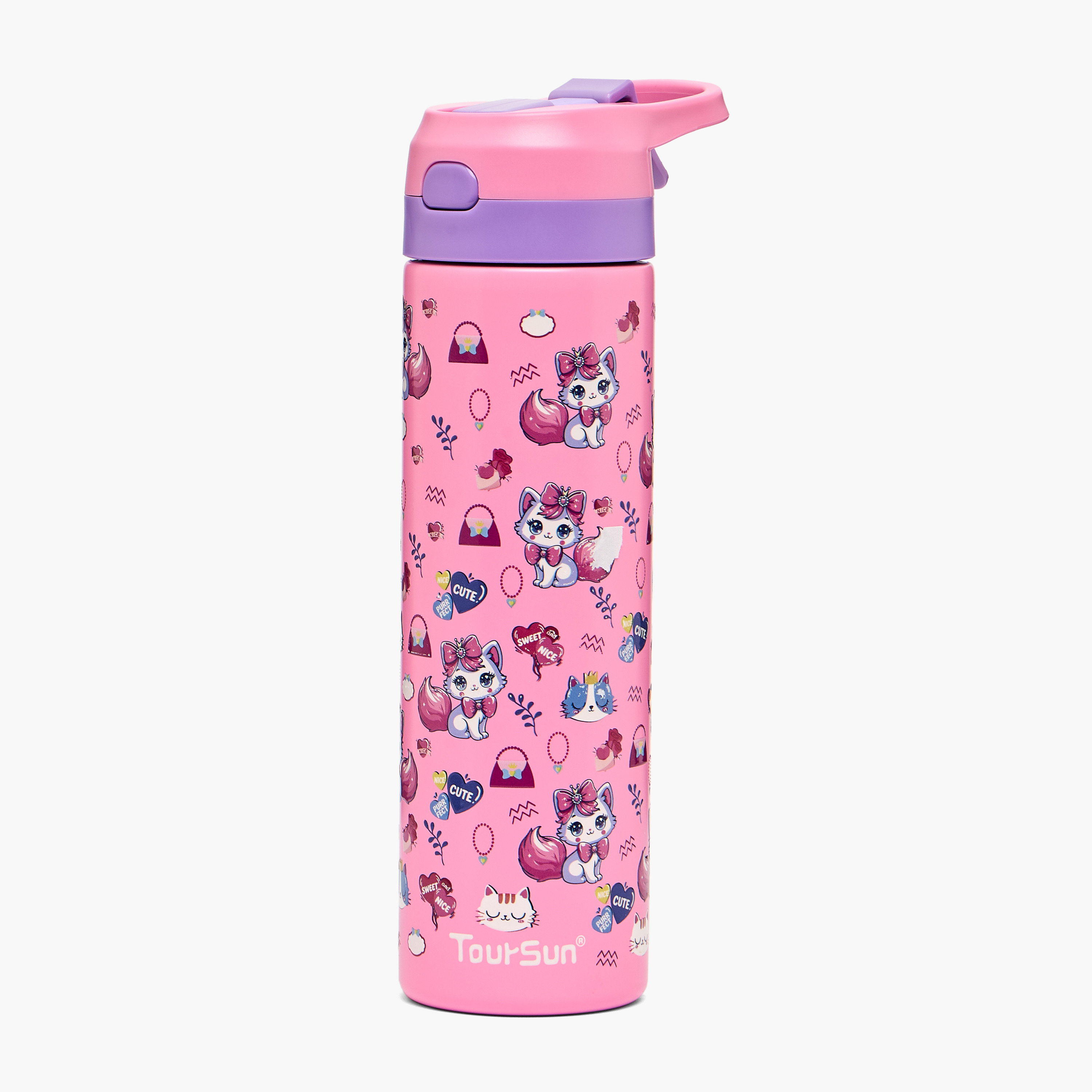 Toursun Cat Print Stainless Steel Water Bottle with Flip Spout and Handle - 540 ml-school-waterbottles-image-1