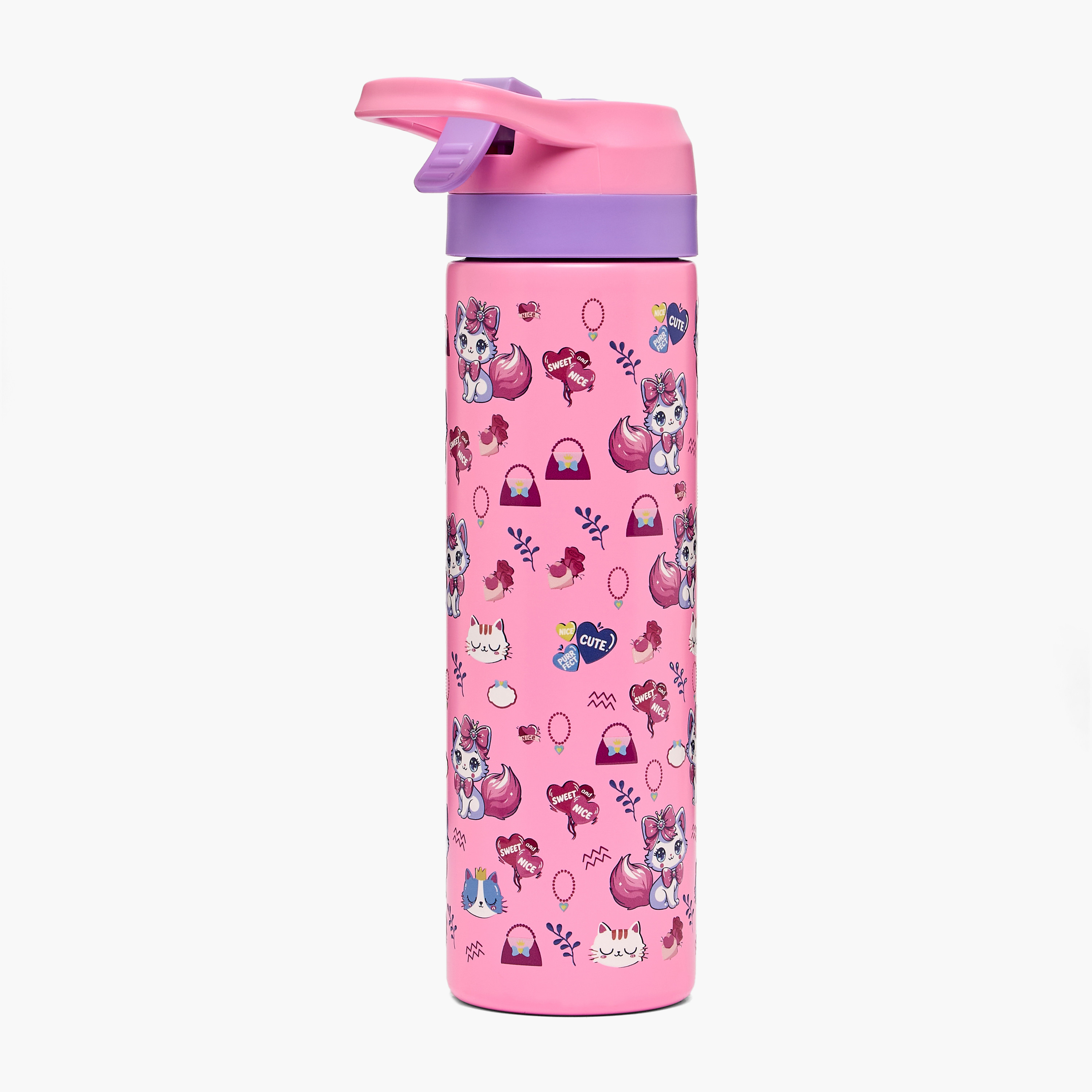 Toursun Cat Print Stainless Steel Water Bottle with Flip Spout and Handle - 540 ml-school-waterbottles-image-3