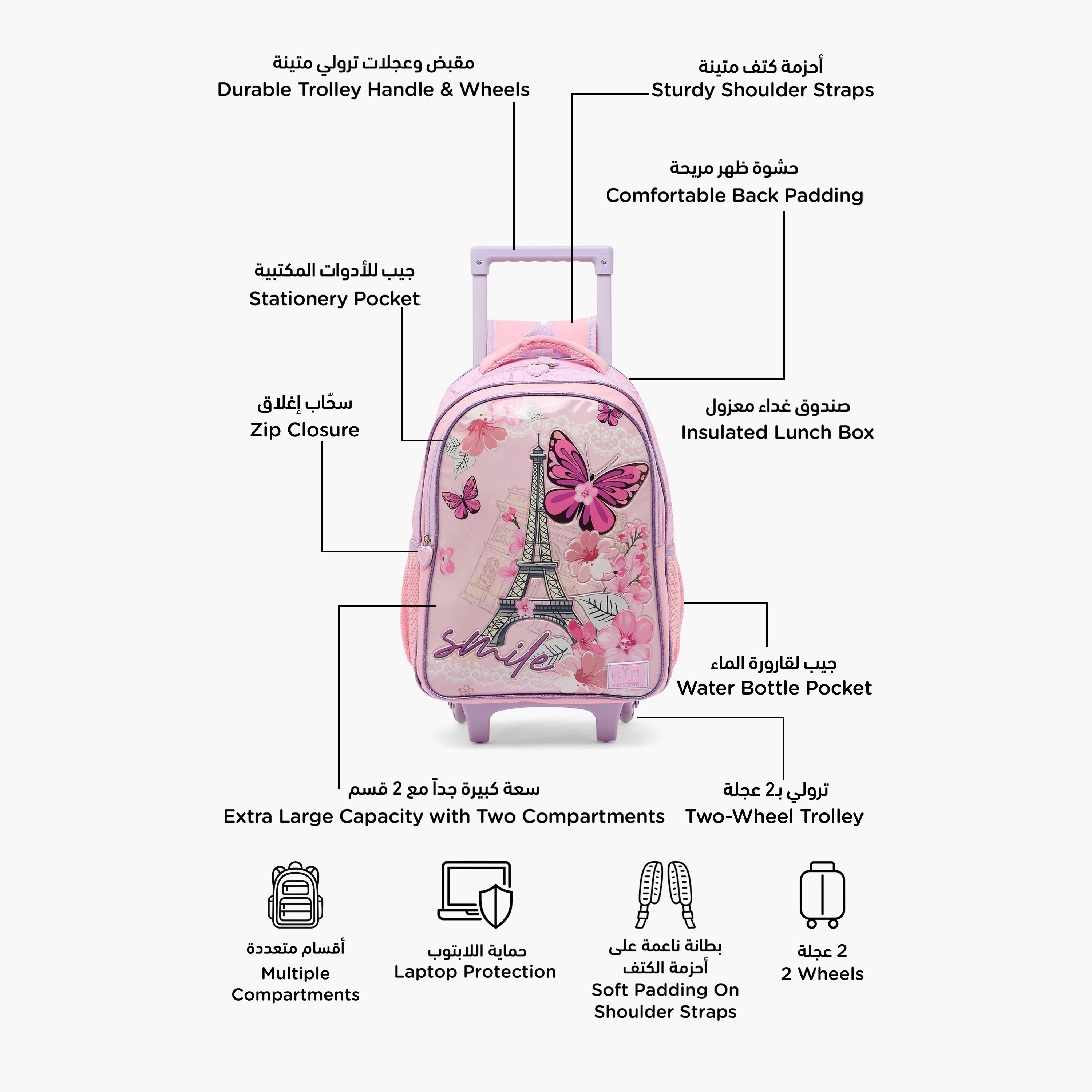 SAMI STUDIO Paris Print 5-Piece School Trolley Bag Set for Girls 5-8 Years with Lunch Box -16 inches-school-bagsandbackpacks-trolleybags-image-3