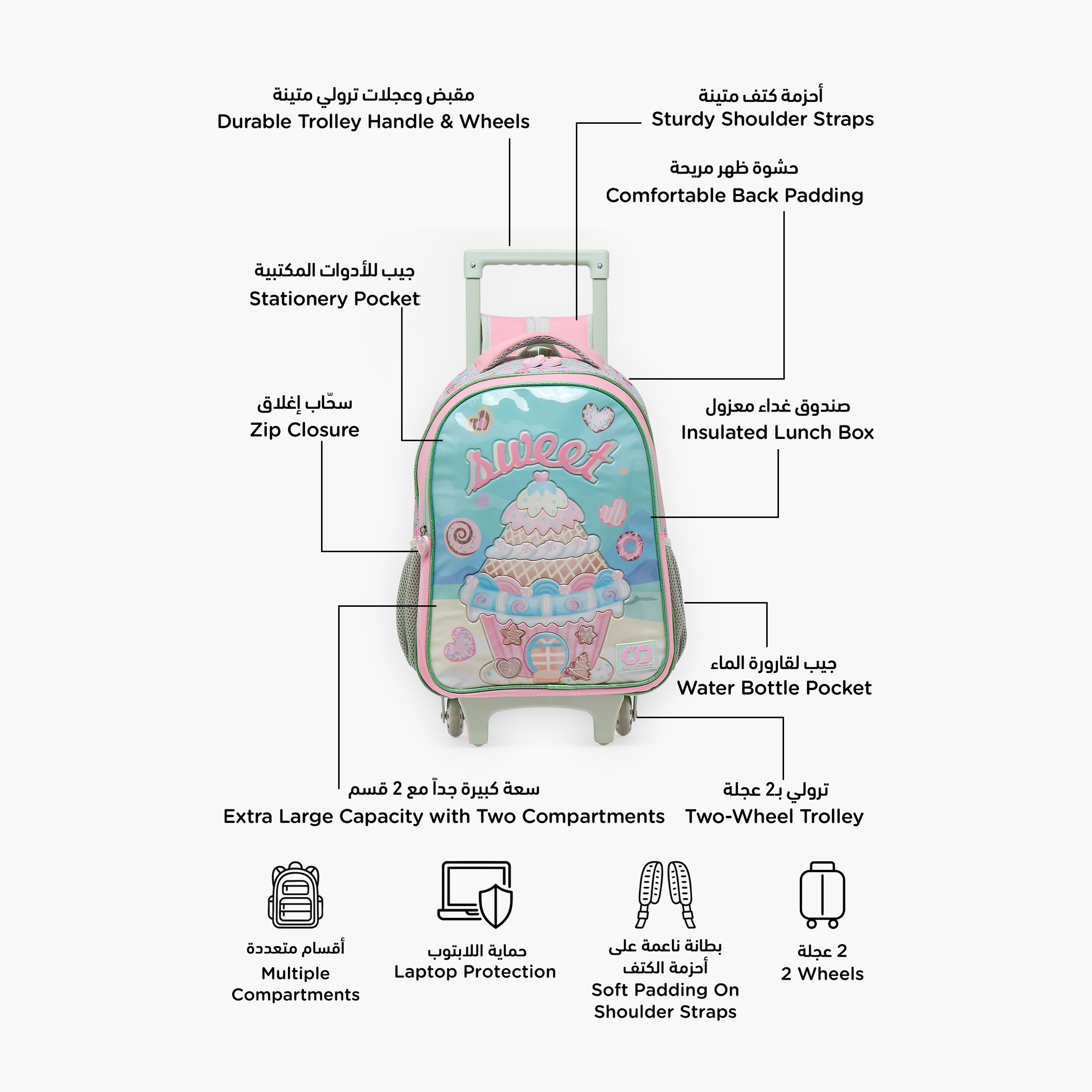 SAMI STUDIO Printed 5-Piece School Trolley Bag Set for Girls 5-8 Years with Lunch Bag - 16 inches-school-bagsandbackpacks-trolleybags-image-4