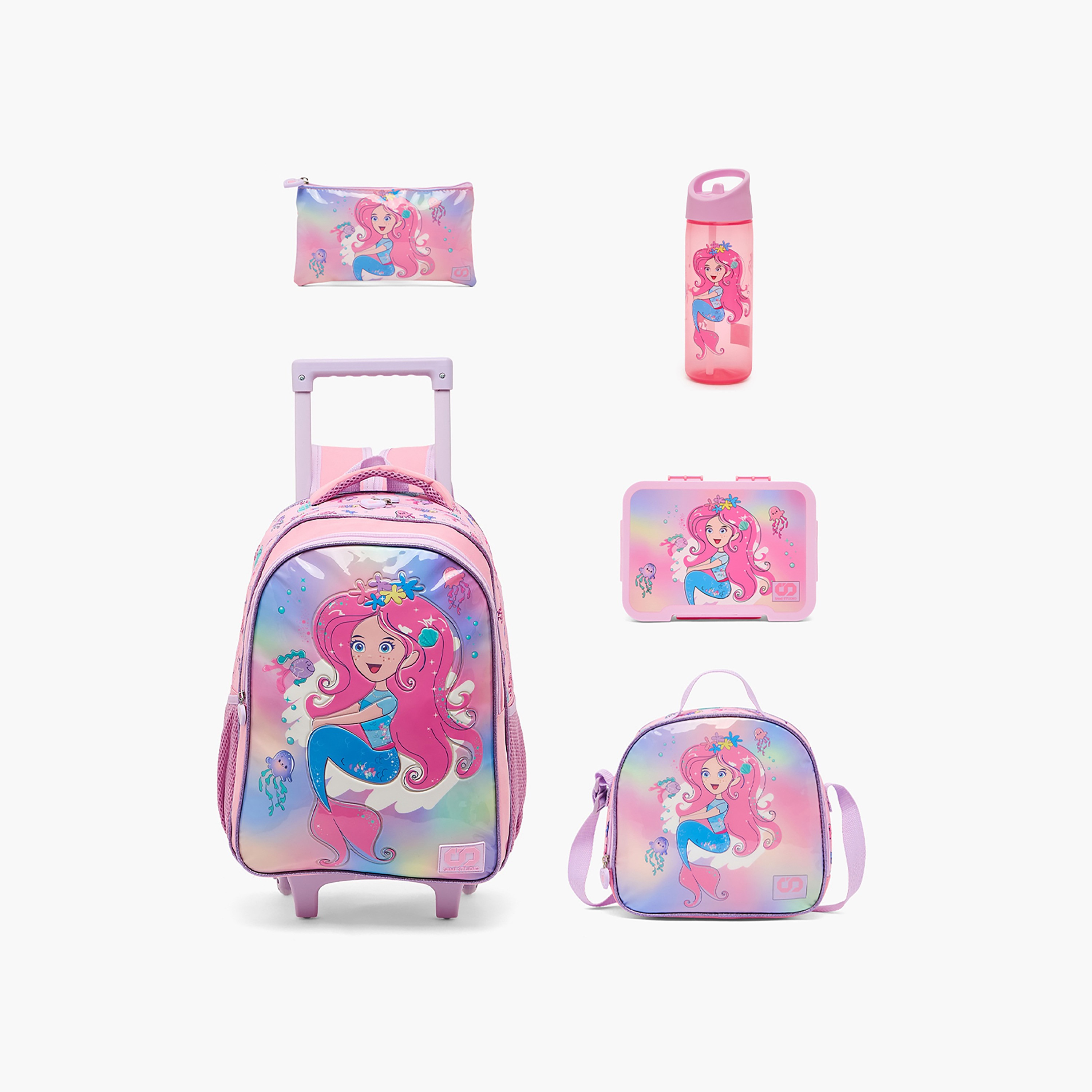 SAMI STUDIO Mermaid 5-Piece School Trolley Bag Set for Girls 5-8 Years with Lunch Box - 16 inches-school-bagsandbackpacks-trolleybags-image-1