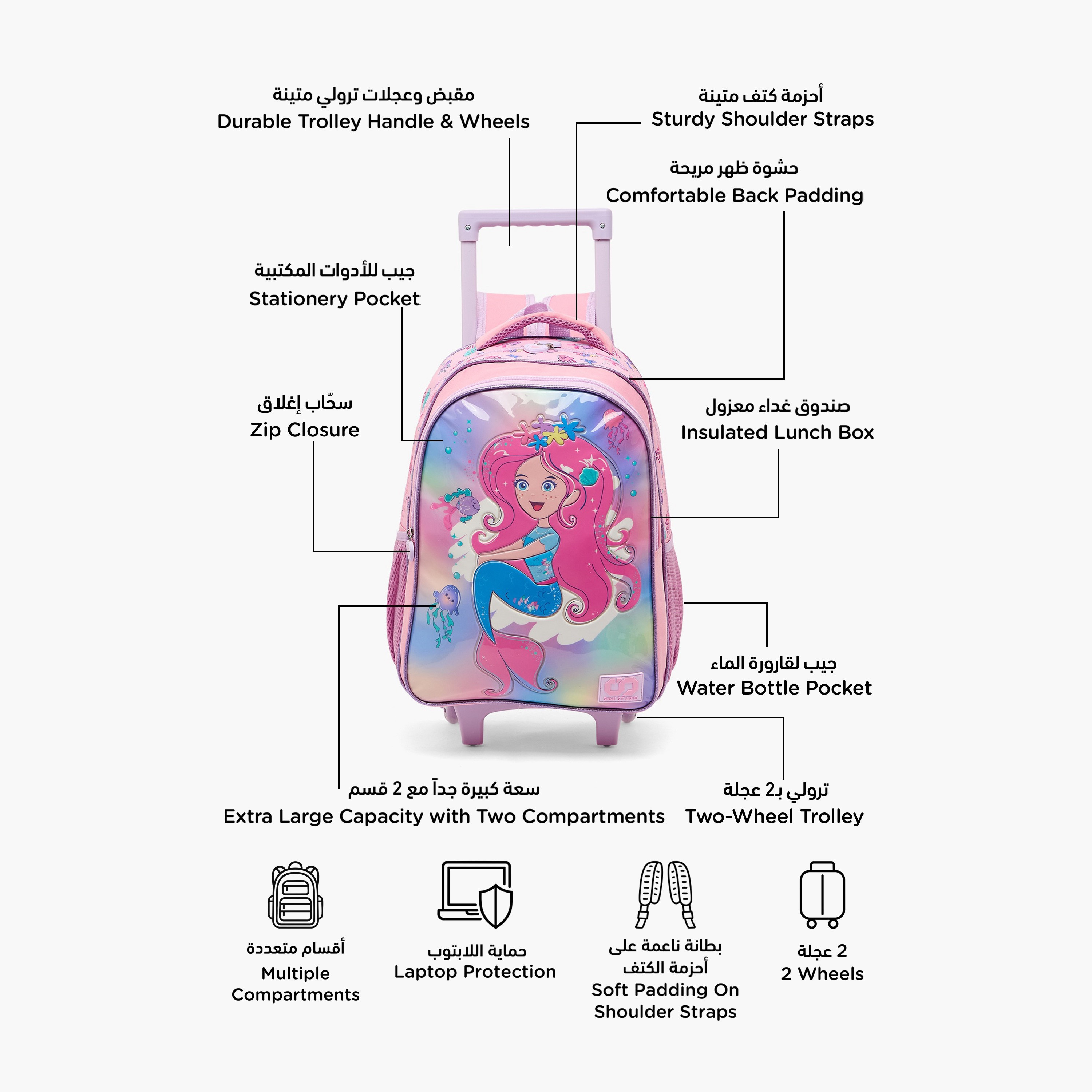 SAMI STUDIO Mermaid 5-Piece School Trolley Bag Set for Girls 5-8 Years with Lunch Box - 16 inches-school-bagsandbackpacks-trolleybags-image-3