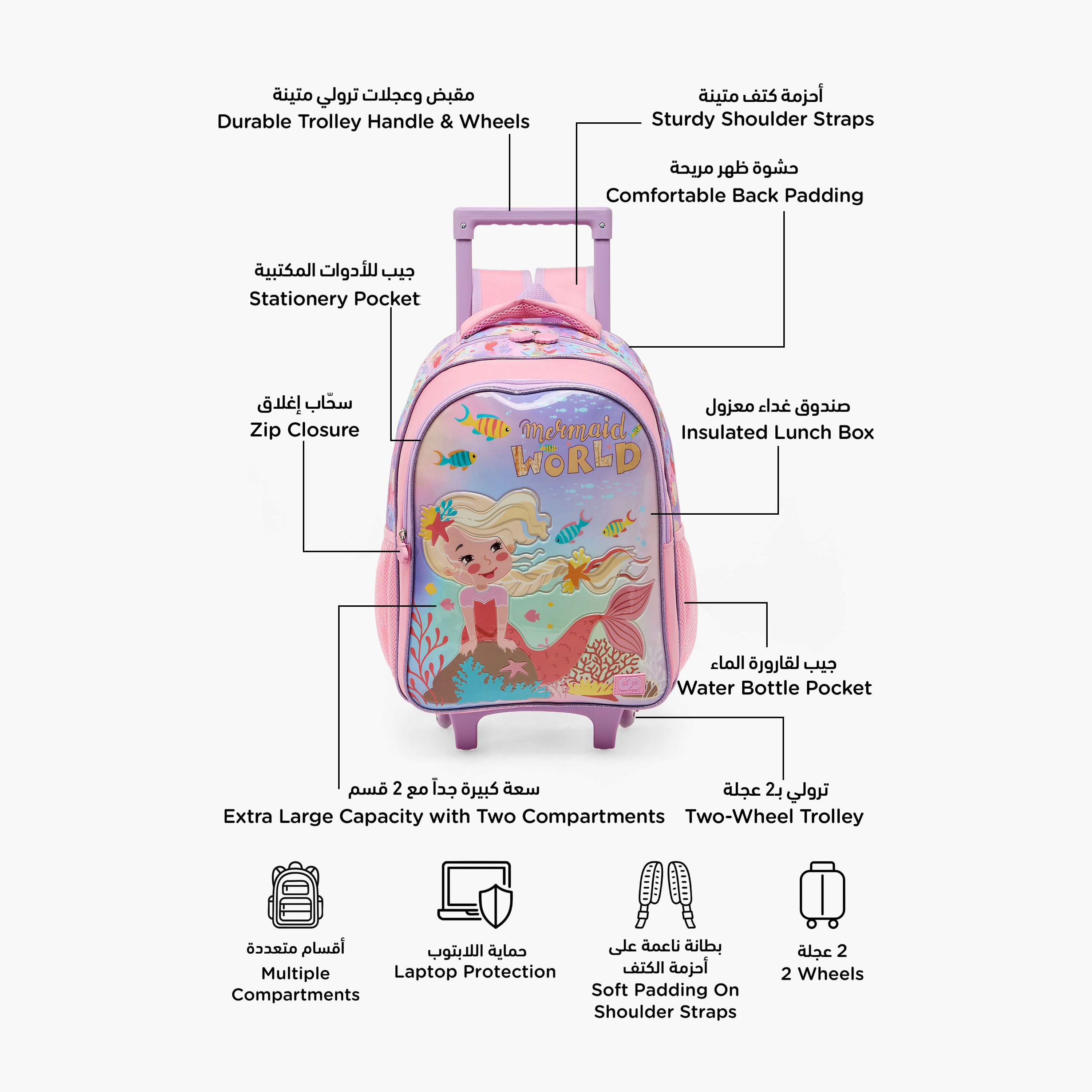 SAMI STUDIO Mermaid 5-Piece School Trolley Bag Set for Girls 5-8 Years with Lunch Box - 16 inches-school-bagsandbackpacks-trolleybags-image-3