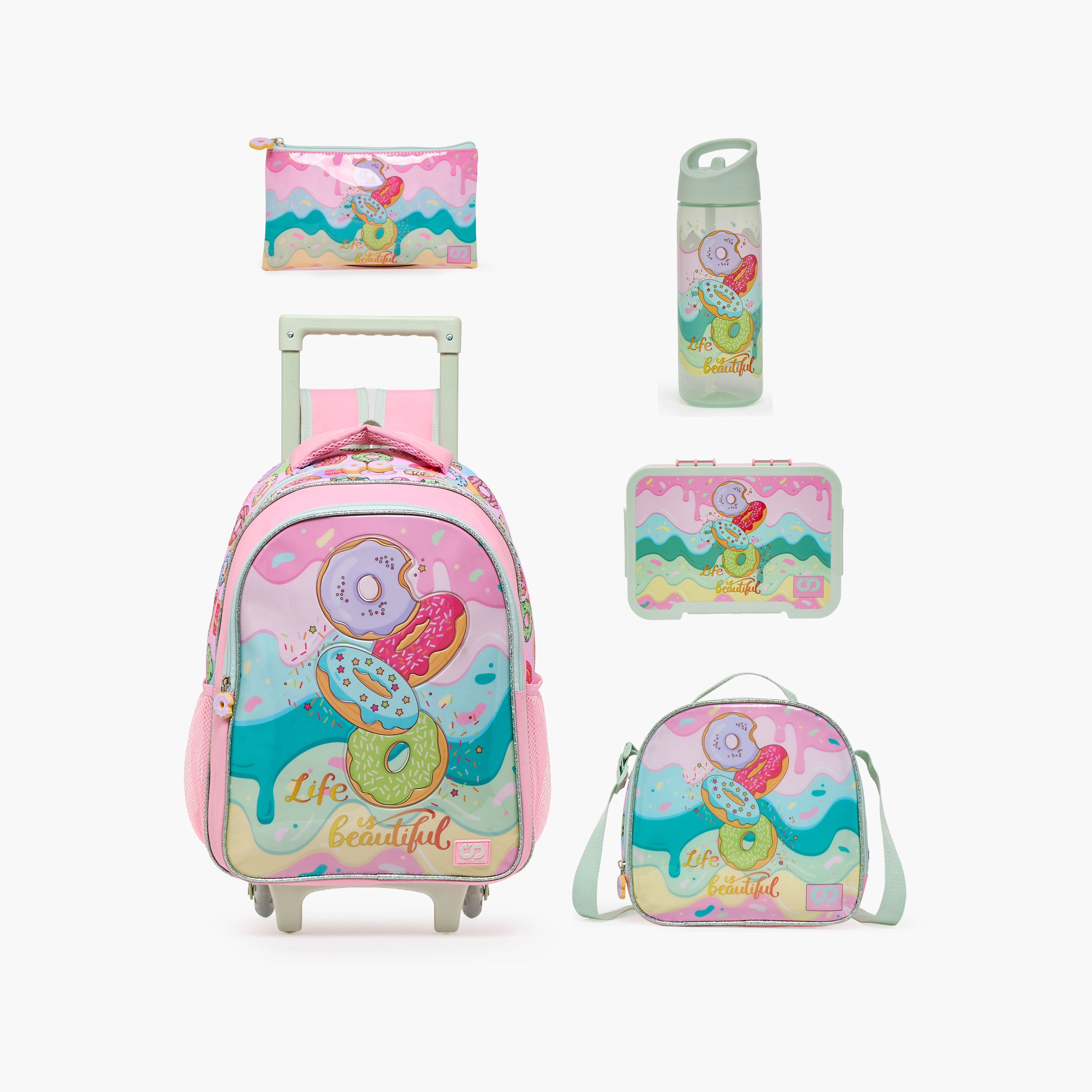 SAMI STUDIO Printed 5-Piece School Trolley Bag Set for Girls 5-8 Years with Lunch Bag - 16 inches-school-bagsandbackpacks-trolleybags-image-1