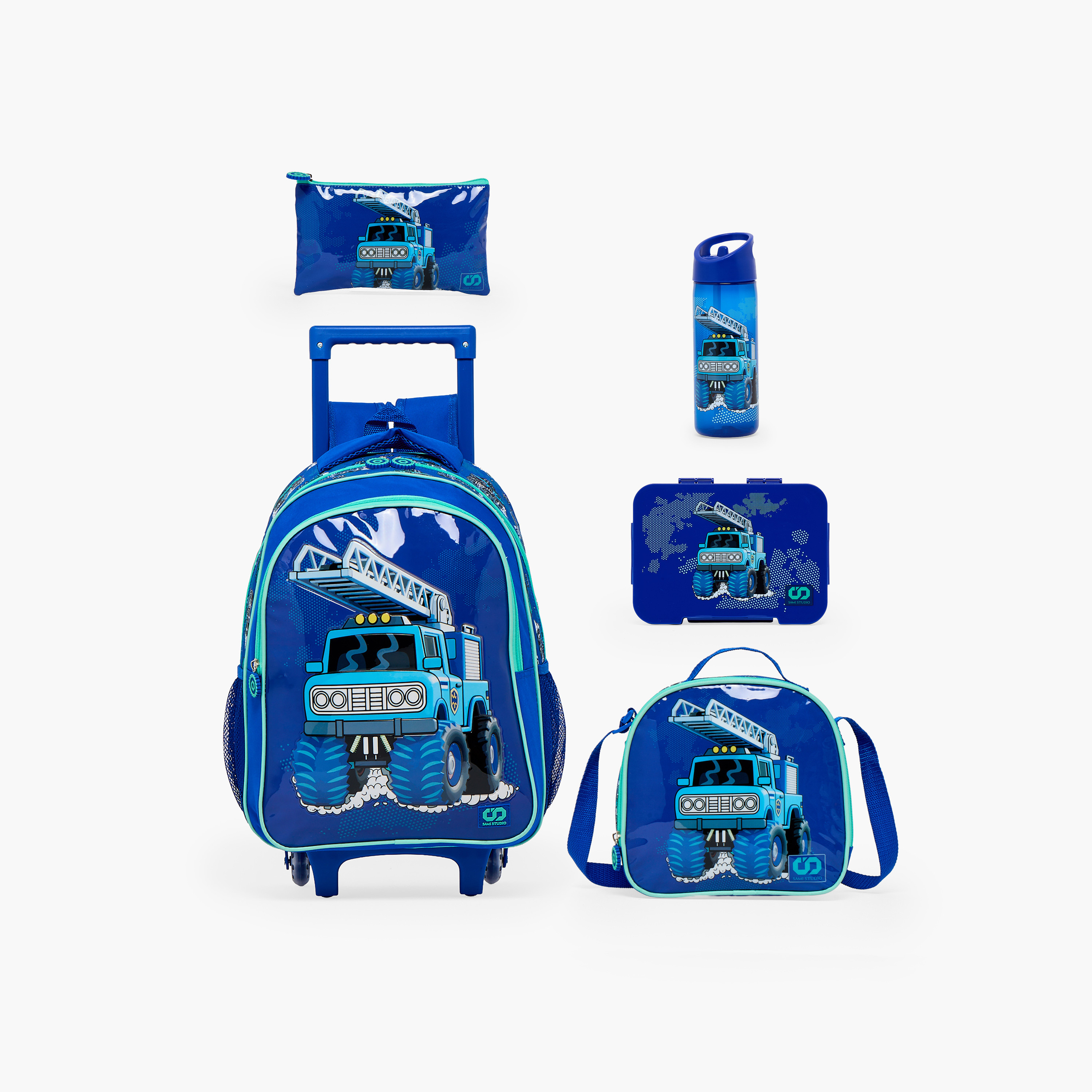 SAMI STUDIO Truck Print 5-Piece School Trolley Bag Set for Boys 5-8 Years with Lunch Bag - 16 inches-school-bagsandbackpacks-trolleybags-image-1