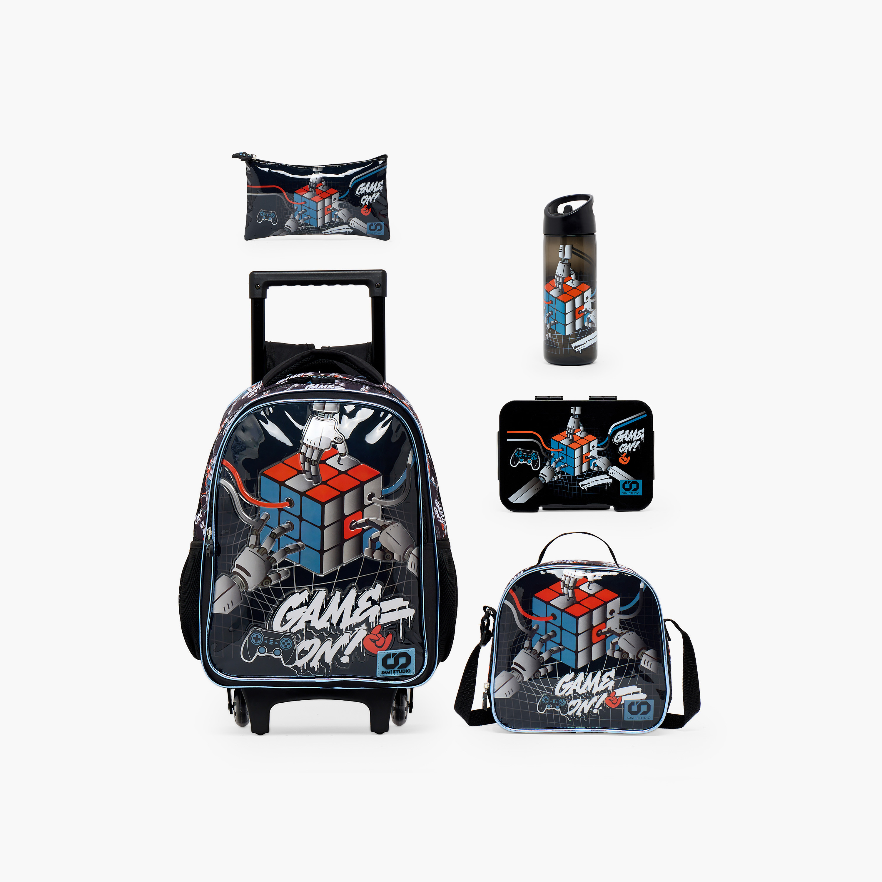 SAMI STUDIO Rubiks Print 5-Piece School Trolley Bag Set for Boys 5-8 Years with Lunch Bag -16 inches-school-bagsandbackpacks-trolleybags-image-1