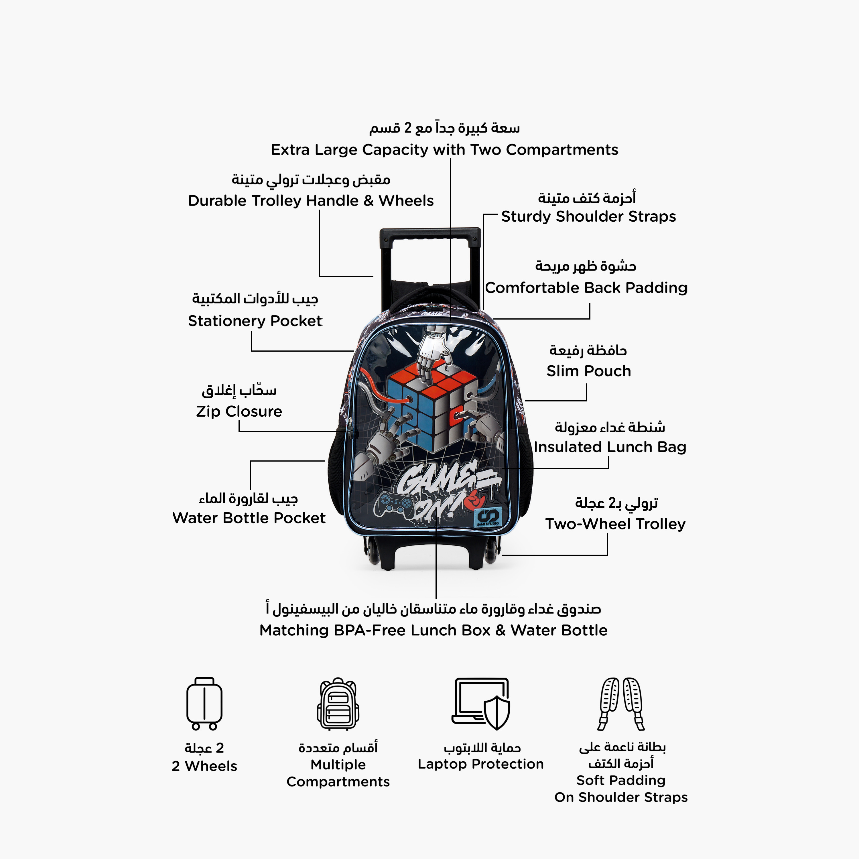SAMI STUDIO Rubiks Print 5-Piece School Trolley Bag Set for Boys 5-8 Years with Lunch Bag -16 inches-school-bagsandbackpacks-trolleybags-image-2