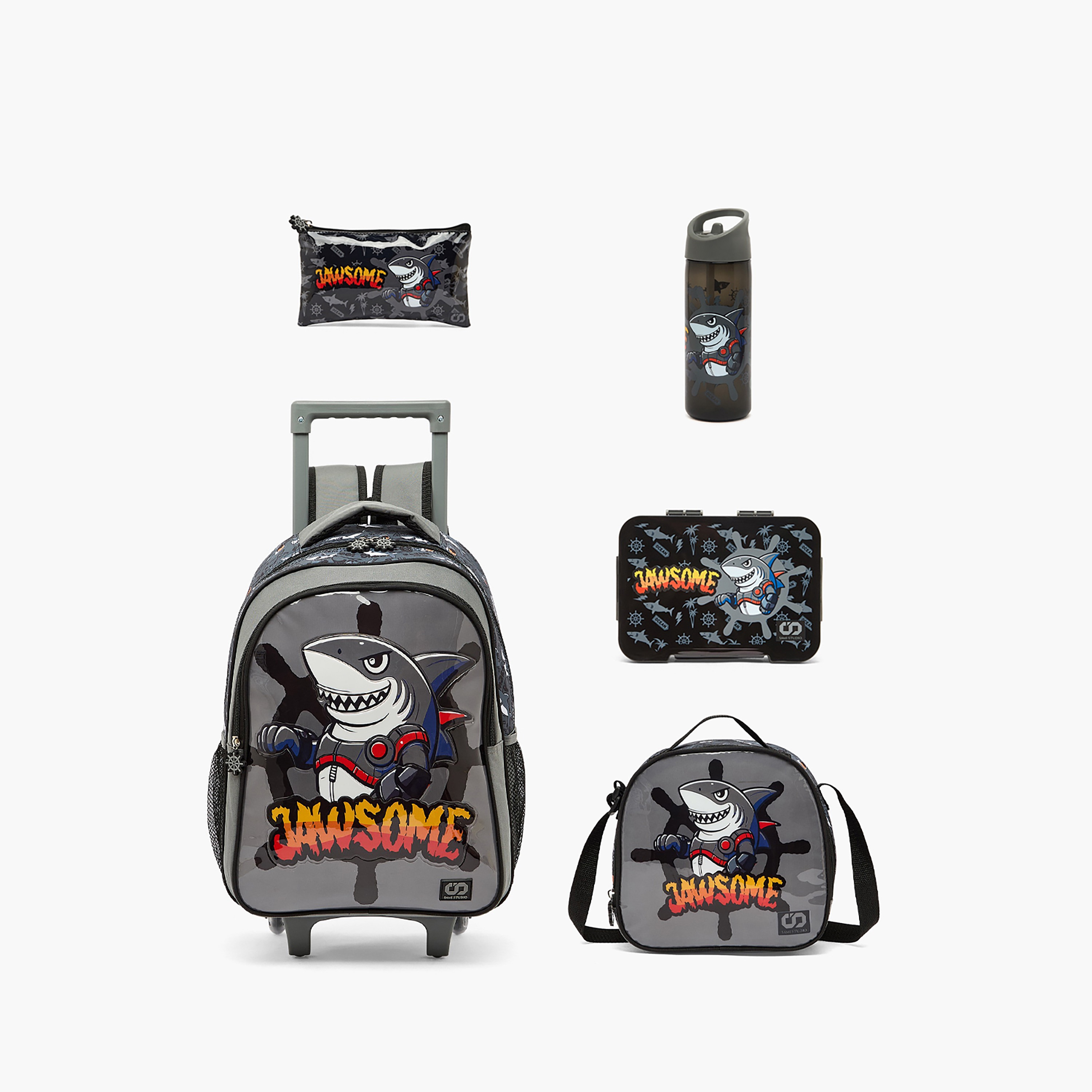 SAMI STUDIO Shark Print 5-Piece School Trolley Bag Set for Boys 5-8 Years with Lunch Box - 16 inches-school-bagsandbackpacks-trolleybags-image-1