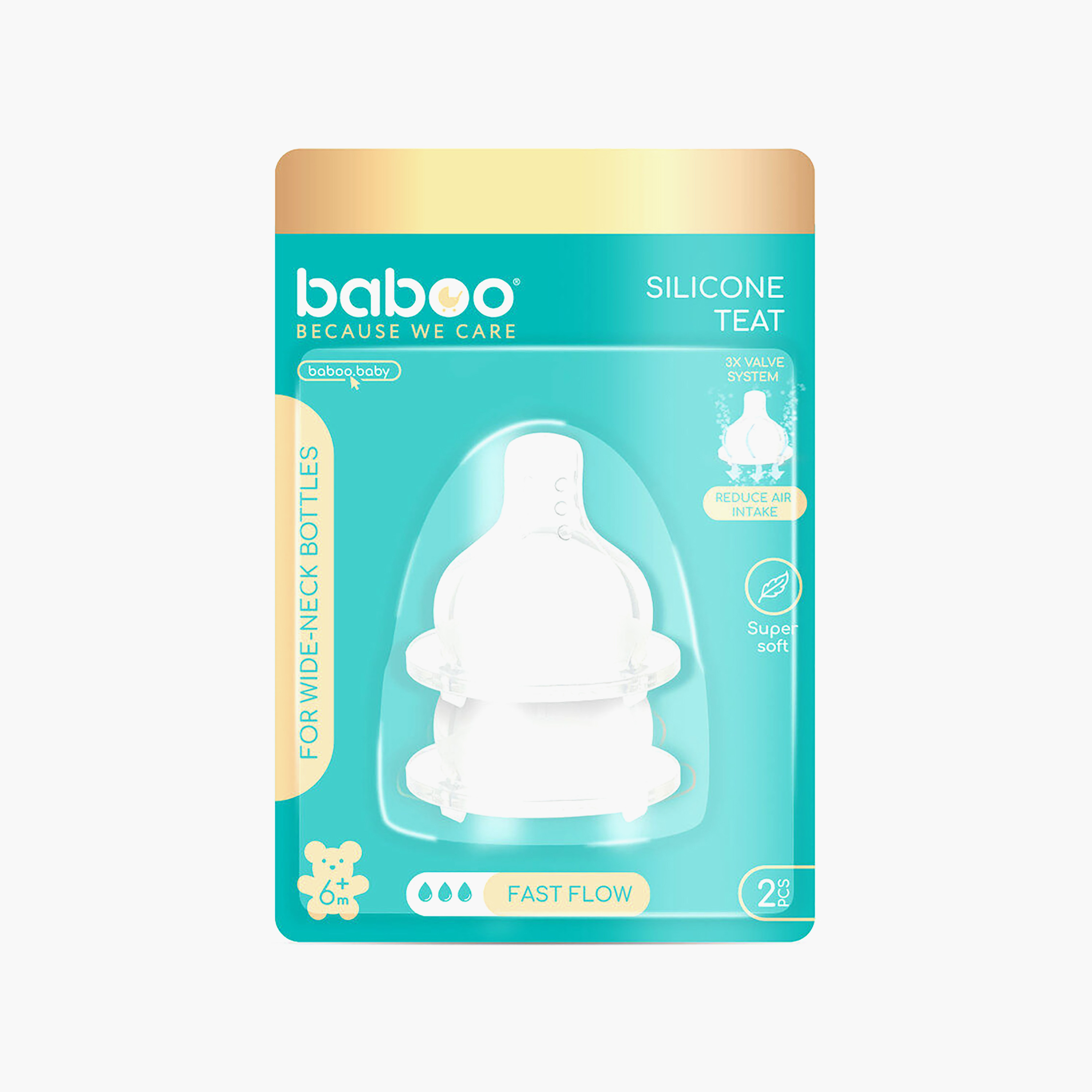 Baboo 2-Piece Anti-Colic 3 Valve Wide Neck Silicone Teat - Fast Flow - 6 Months+-baby-feeding-feedingbottles-bottlesandteats-image-4
