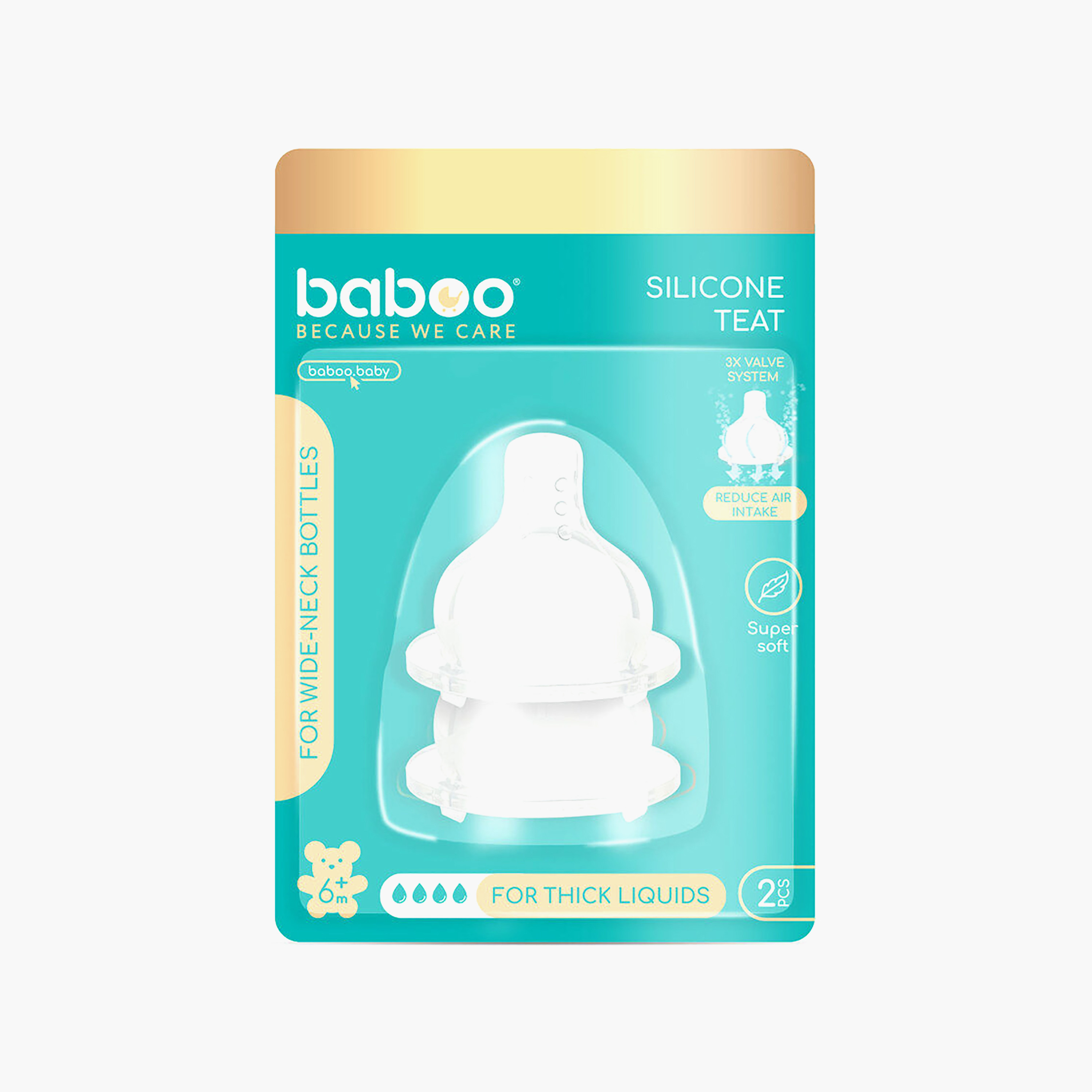 Baboo 2-Piece Anti-Colic 3 Valve Wide Neck Silicone Teat - Thick Liquids - 6 Months+-baby-feeding-feedingbottles-bottlesandteats-image-4