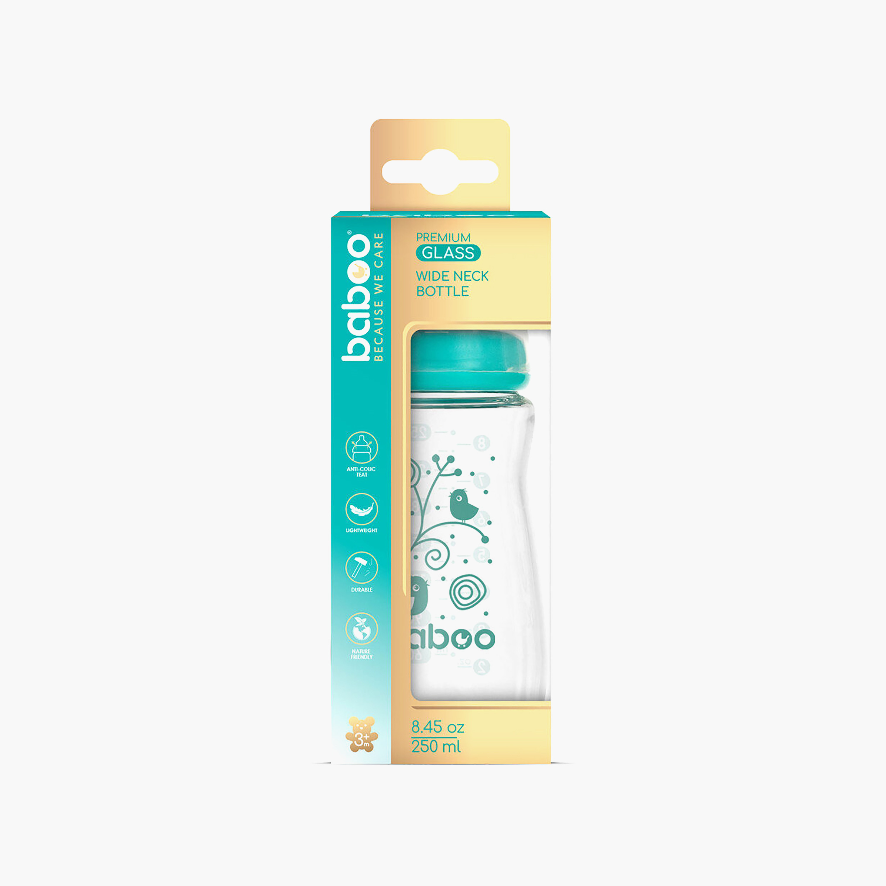 Baboo Anti-Colic Glass Bottle with Wide Neck - 250 ml - 3 Months+-baby-feeding-feedingbottles-bottlesandteats-image-5