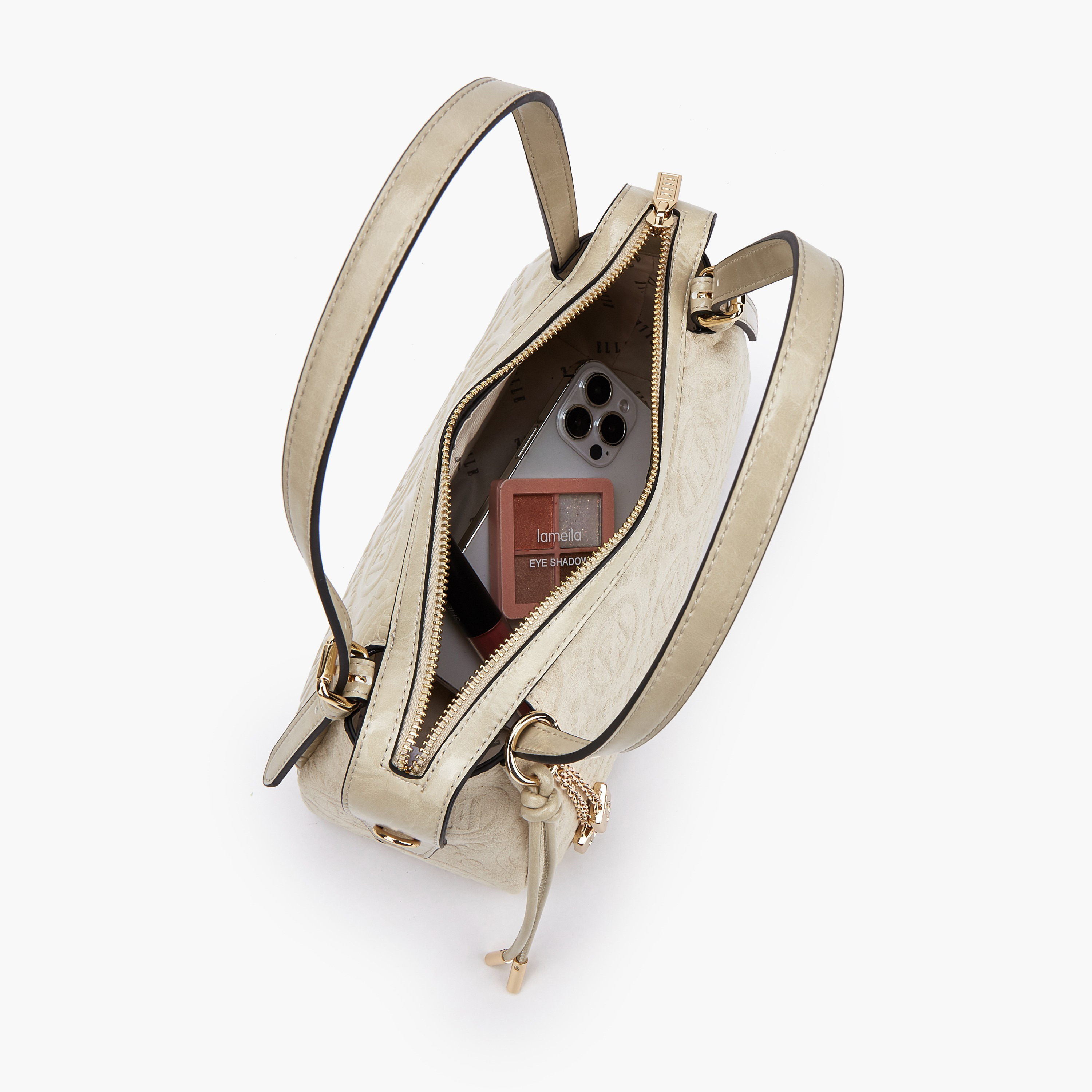 شنطة كتف بارزة الملمس مونوجرام وزينة دلايّة من إيل-women-bagsandwallets-handbags-image-7