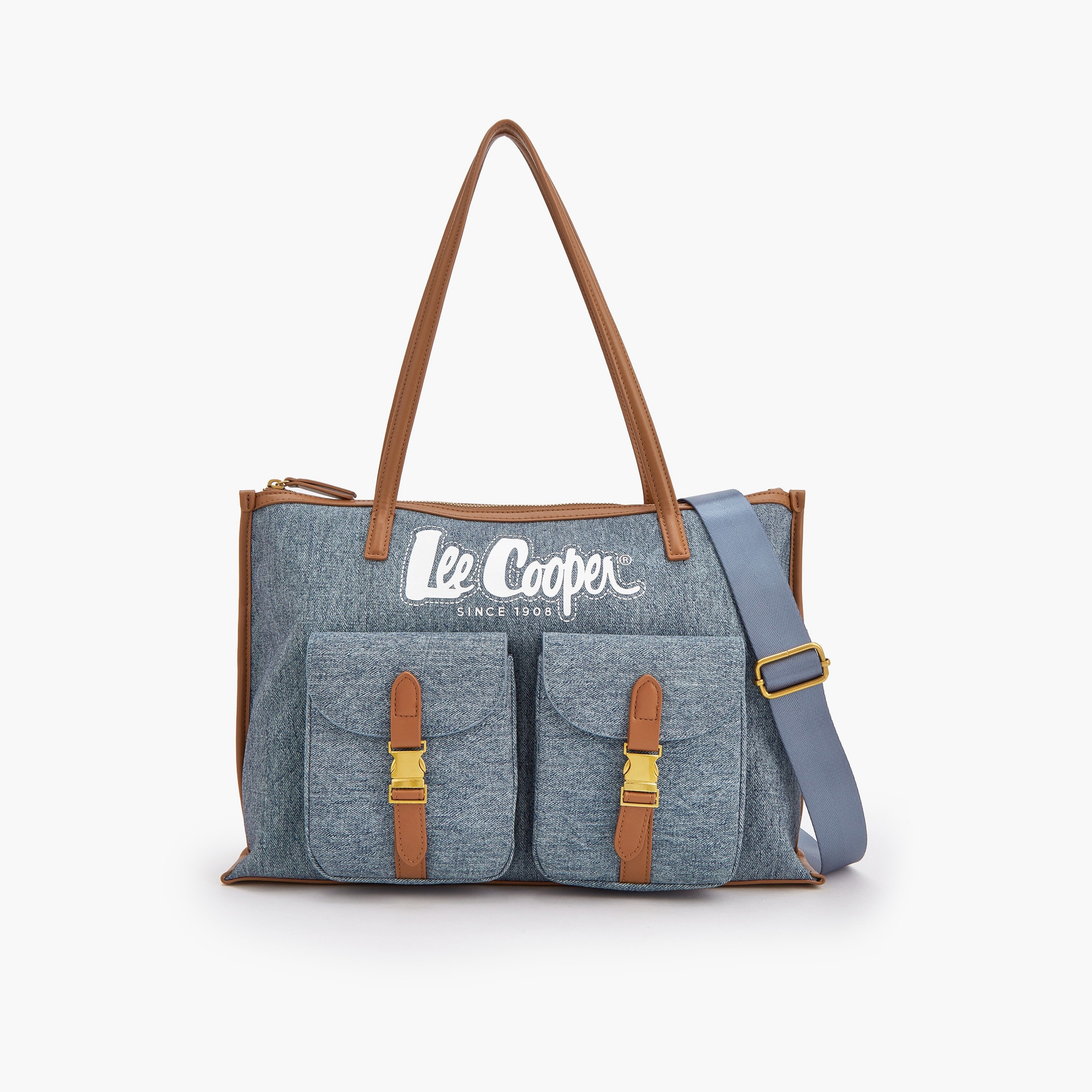Lee Cooper Denim Tote Bag with Buckled Pockets-women-bagsandwallets-handbags-image-1