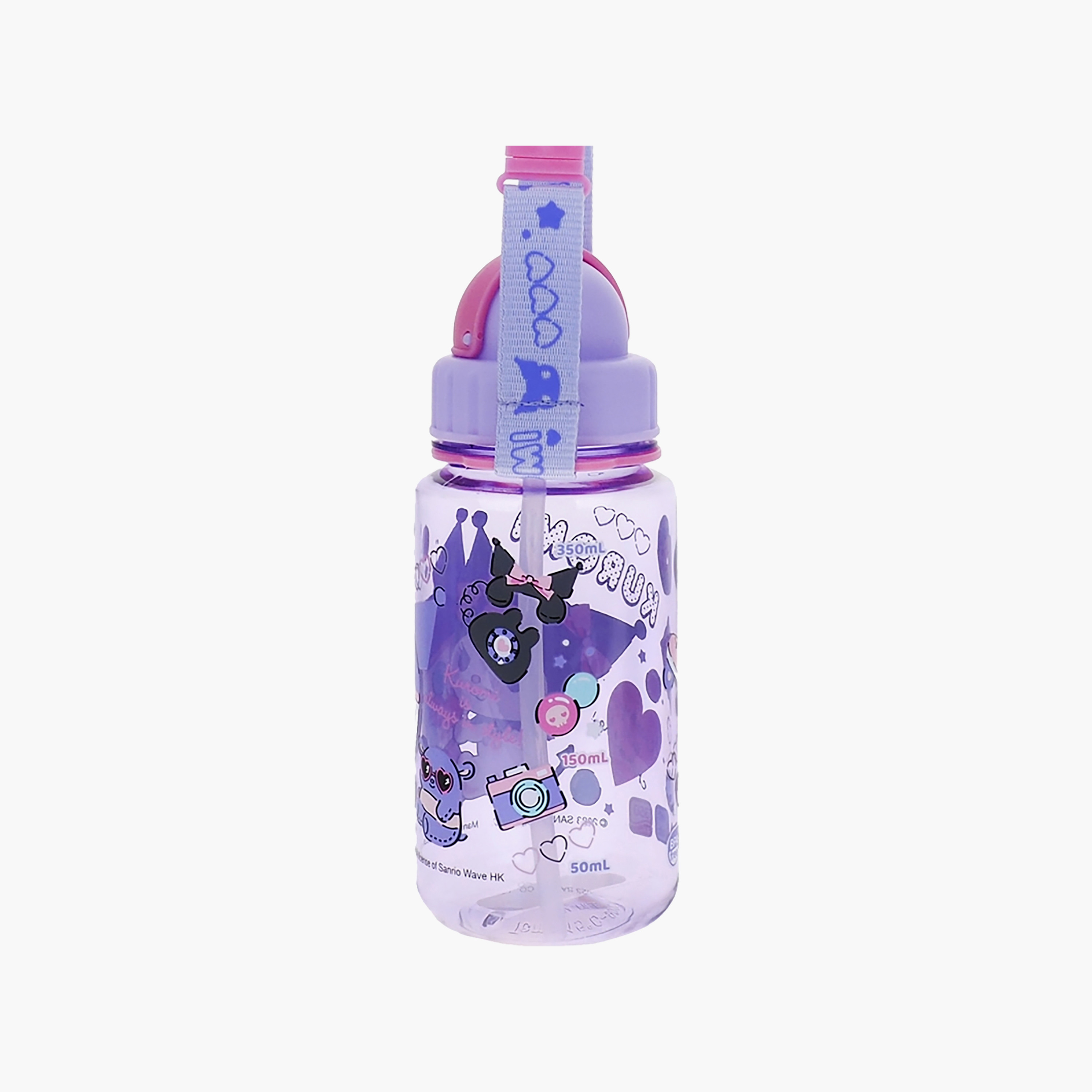 Sanrio Kuromi Print Water Bottle with Straw and Strap Handle - 540 ml-school-waterbottles-image-1