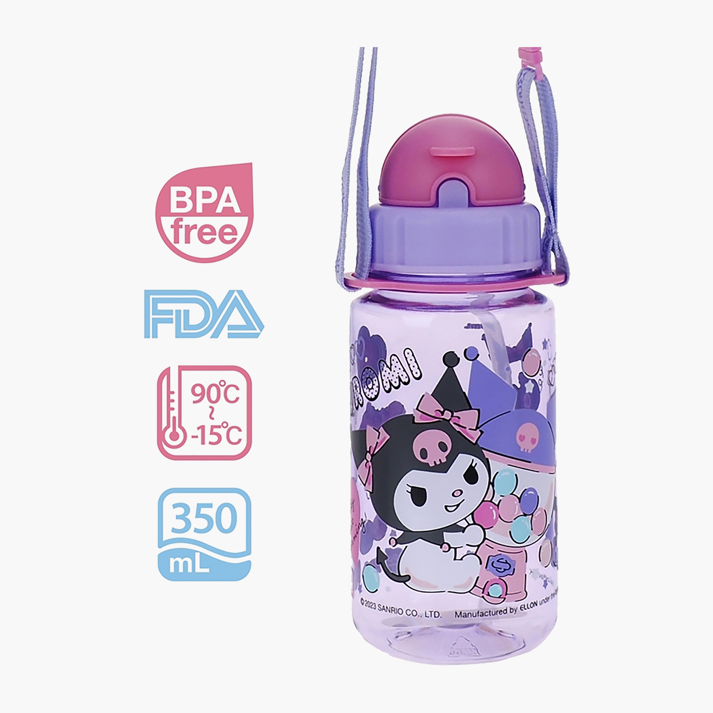 Sanrio Kuromi Print Water Bottle with Straw and Strap Handle - 540 ml-school-waterbottles-image-4