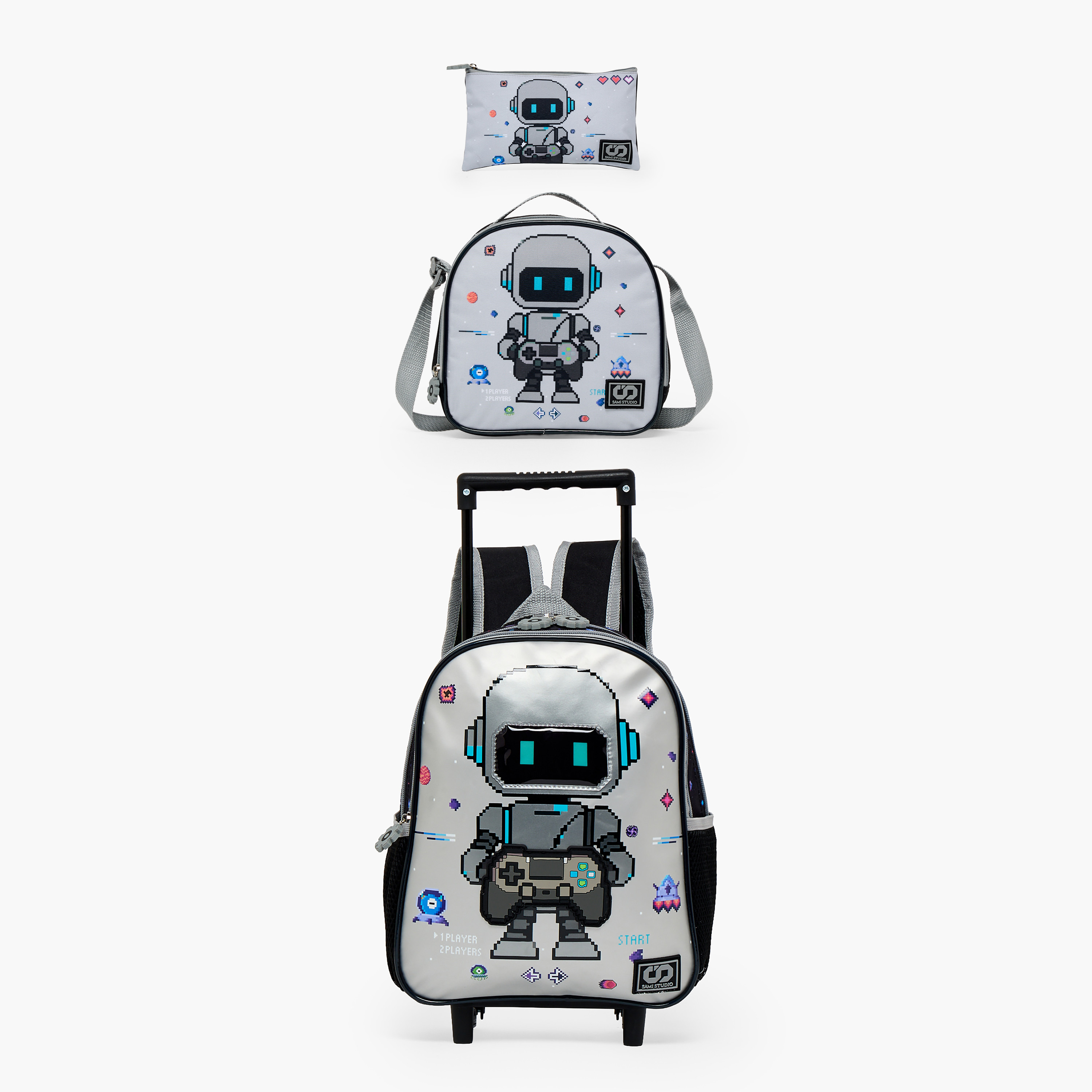 SAMI STUDIO Robot Print 3-Piece School Trolley Bag Set for Boys 2-5 Years with Lunch Bag - 12 inches-school-bagsandbackpacks-trolleybags-image-1