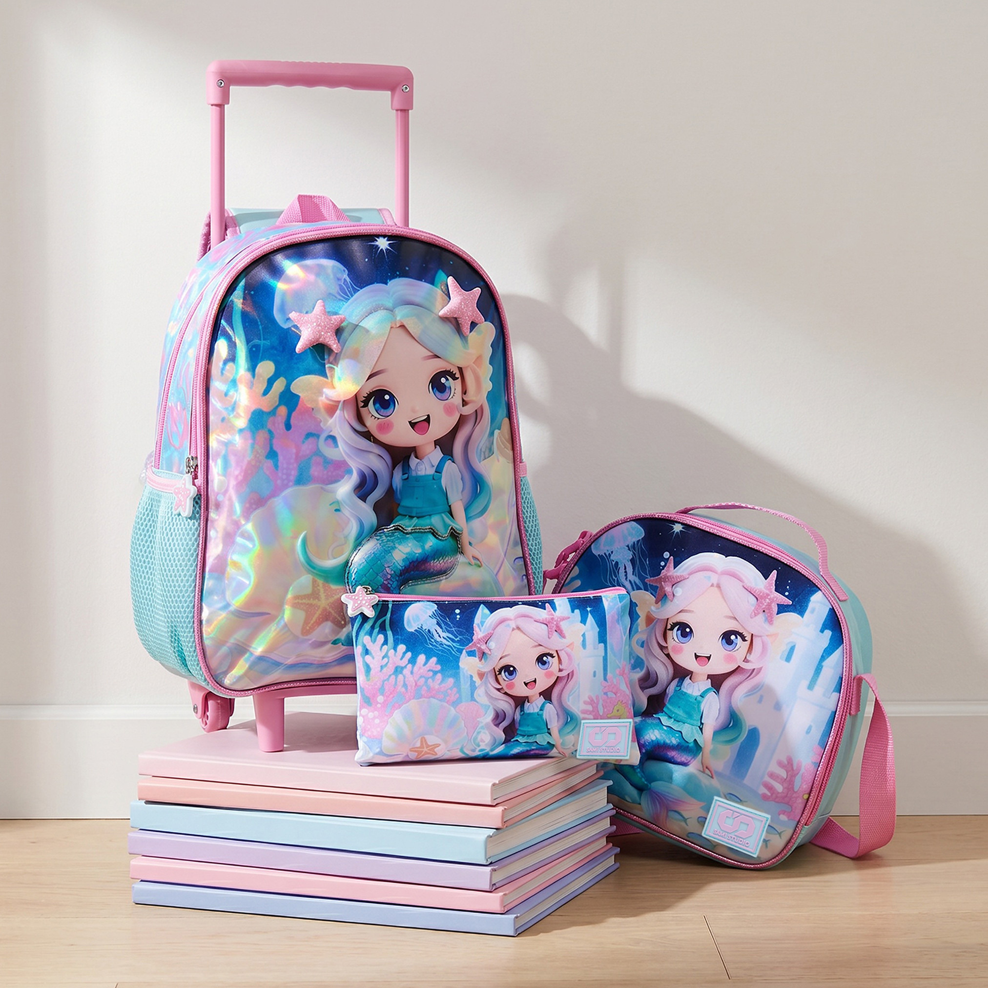 SAMI STUDIO Mermaid 3-Piece School Trolley Bag Set for Girls 2-5 Years with Lunch Bag - 12 inches-school-bagsandbackpacks-trolleybags-image-1