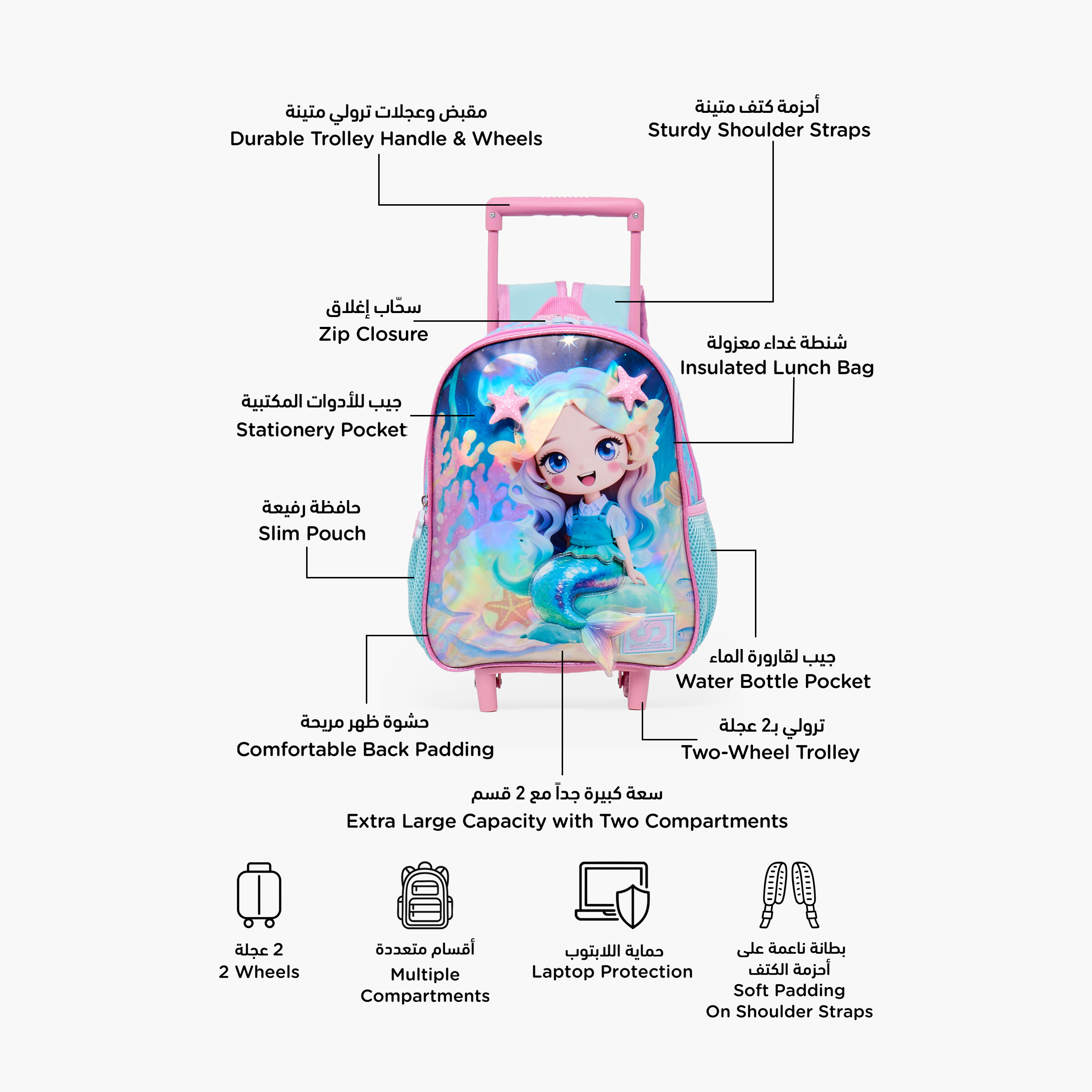 SAMI STUDIO Mermaid 3-Piece School Trolley Bag Set for Girls 2-5 Years with Lunch Bag - 12 inches-school-bagsandbackpacks-trolleybags-image-3