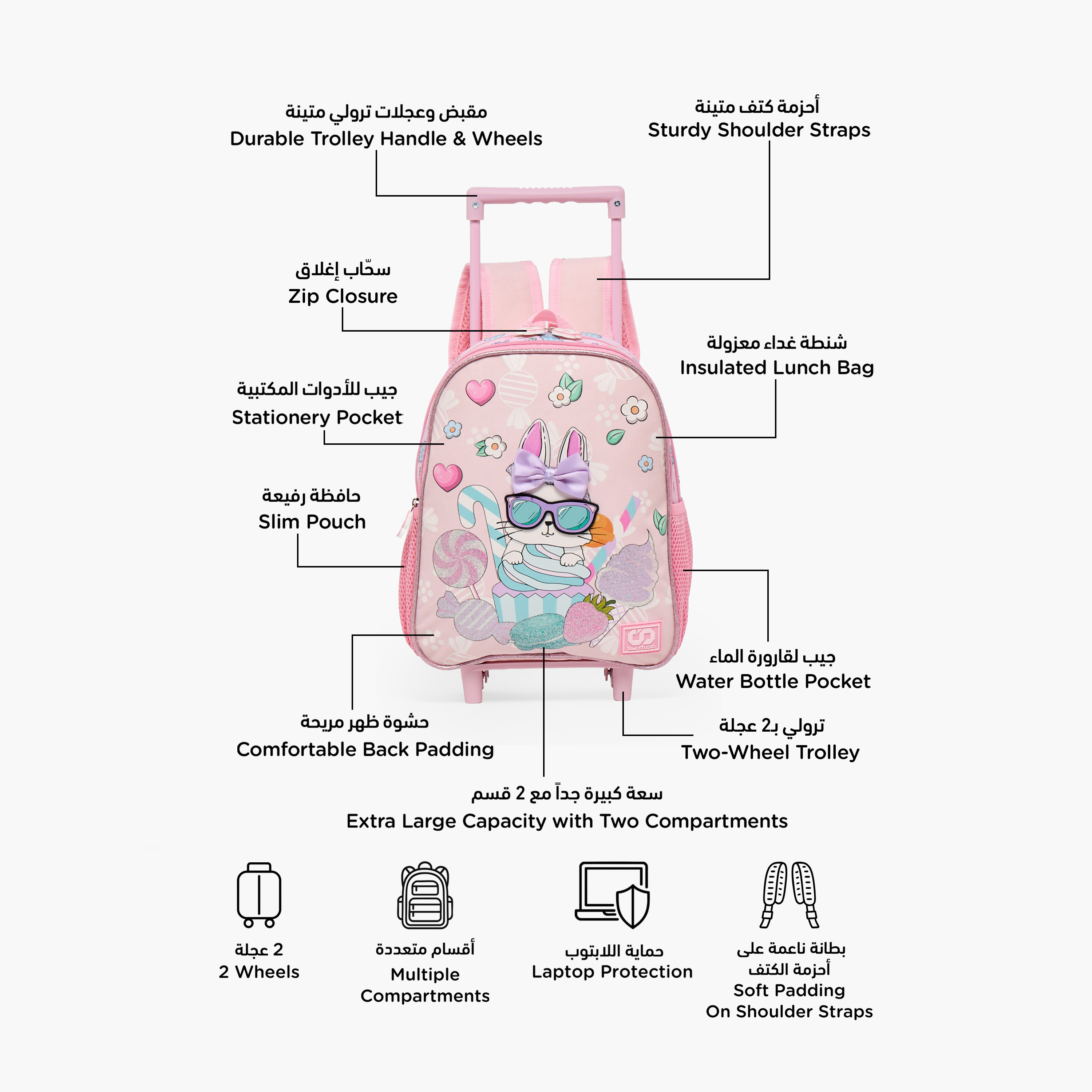SAMI STUDIO Rabbit 3-Piece School Trolley Bag Set for Girls 2-5 Years with Lunch Bag - 12 inches-school-bagsandbackpacks-trolleybags-image-2
