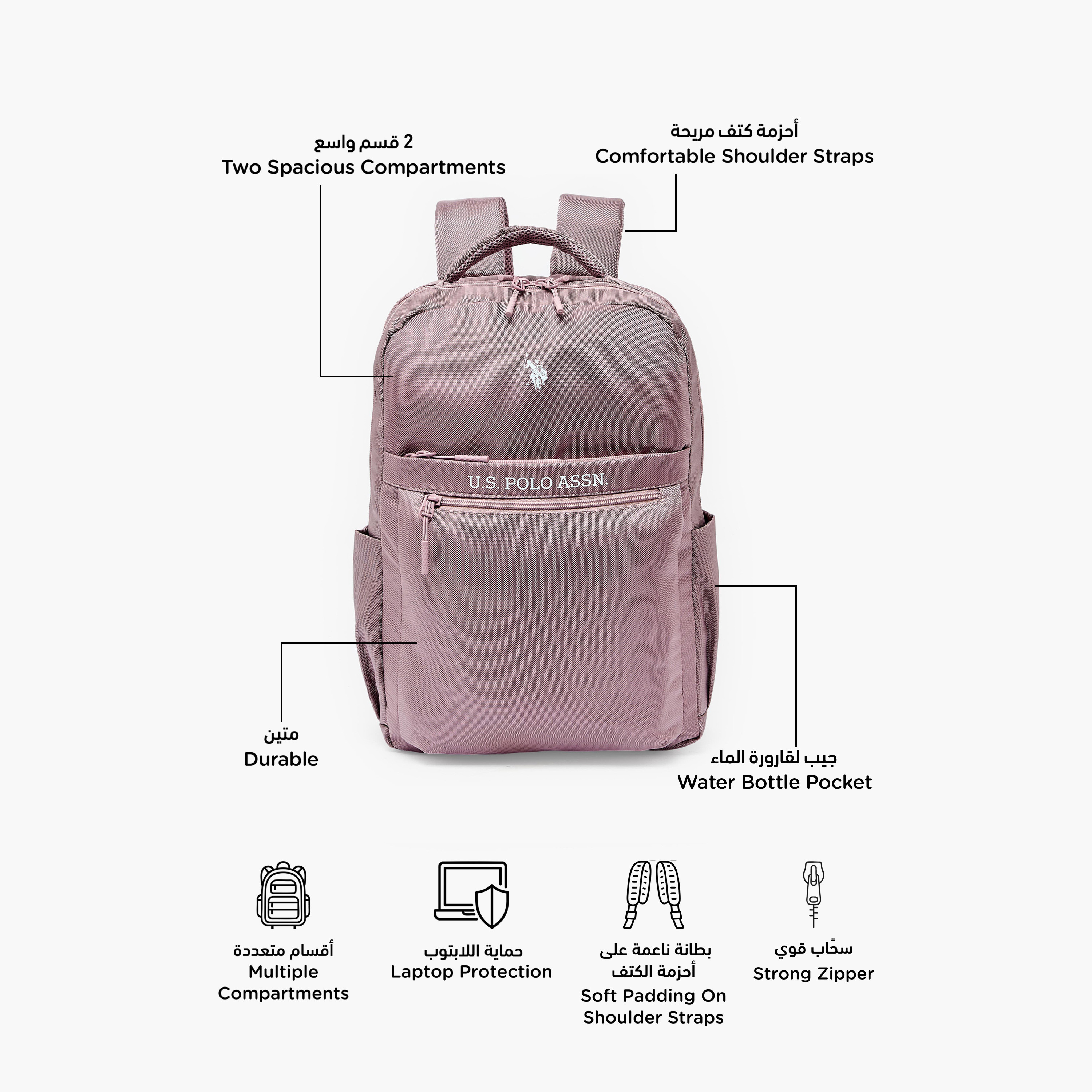 US POLO ASSN. Solid Backpack for Girls 8-13 Years with Padded Shoulder Straps - 17 inches-school-bagsandbackpacks-backpacks-image-2
