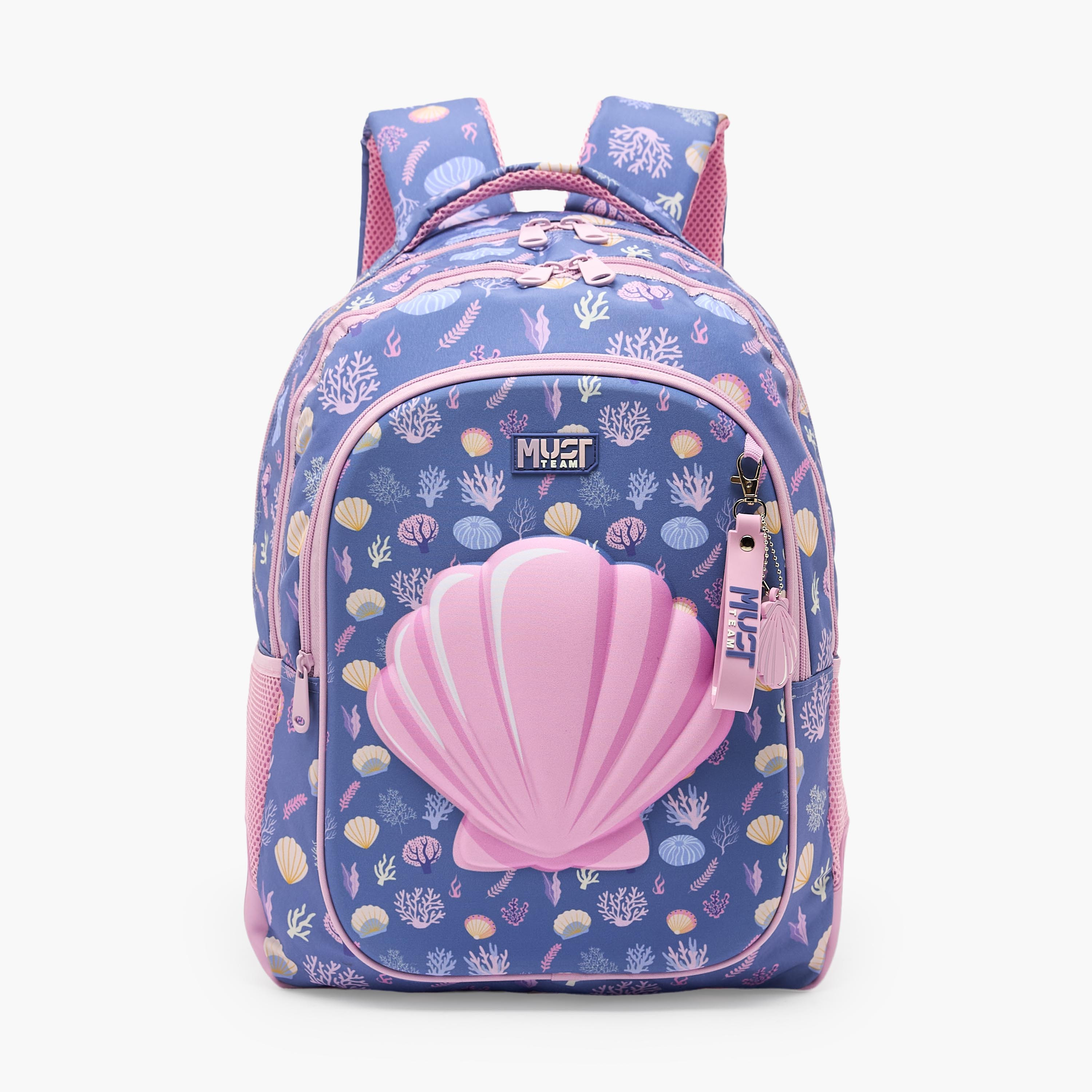 MustTeam Seashell Print Backpack for Girls 5-8 Years with Padded Shoulder Straps - 17 inches-school-bagsandbackpacks-backpacks-image-1