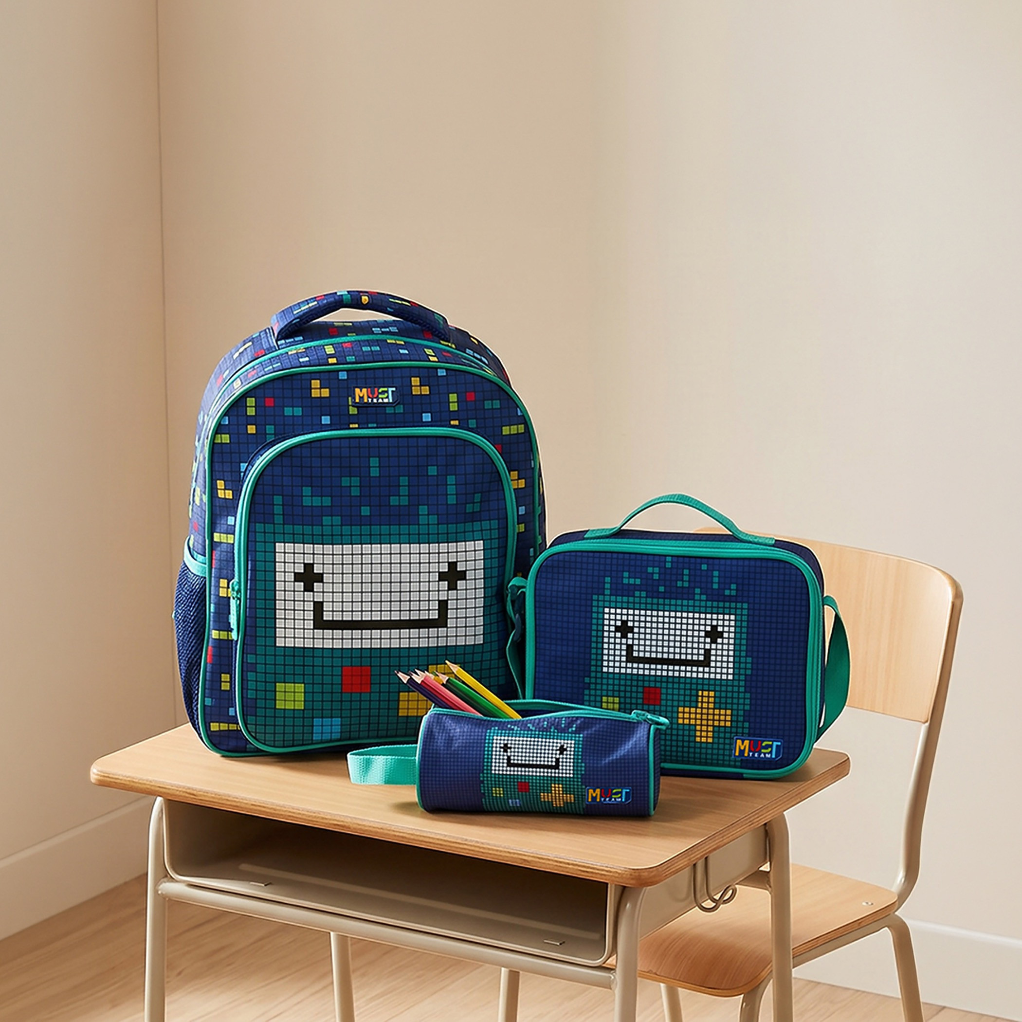 مجموعة شنطة ظهر مدرسية للأولاد 2-5 سنوات مع مقلمة وطبعات بيكسل من مست تيم - 12 بوصة-school-bagsandbackpacks-backpacks-image-1