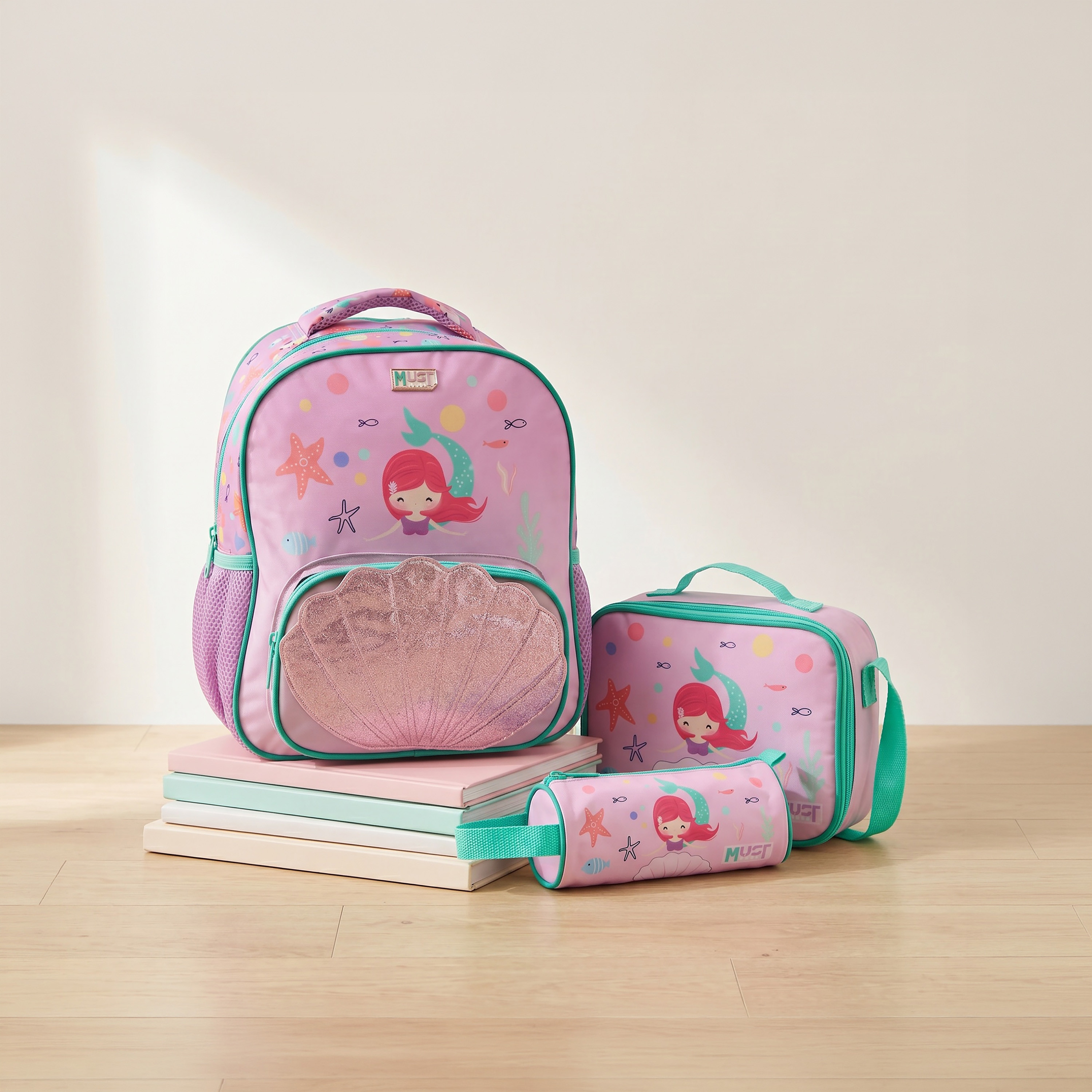 MustTeam Mermaid Print 3-Piece Backpack Set for Girls 2-5 Years with Lunch Box and Pouch - 12 inches-school-bagsandbackpacks-backpacks-image-1