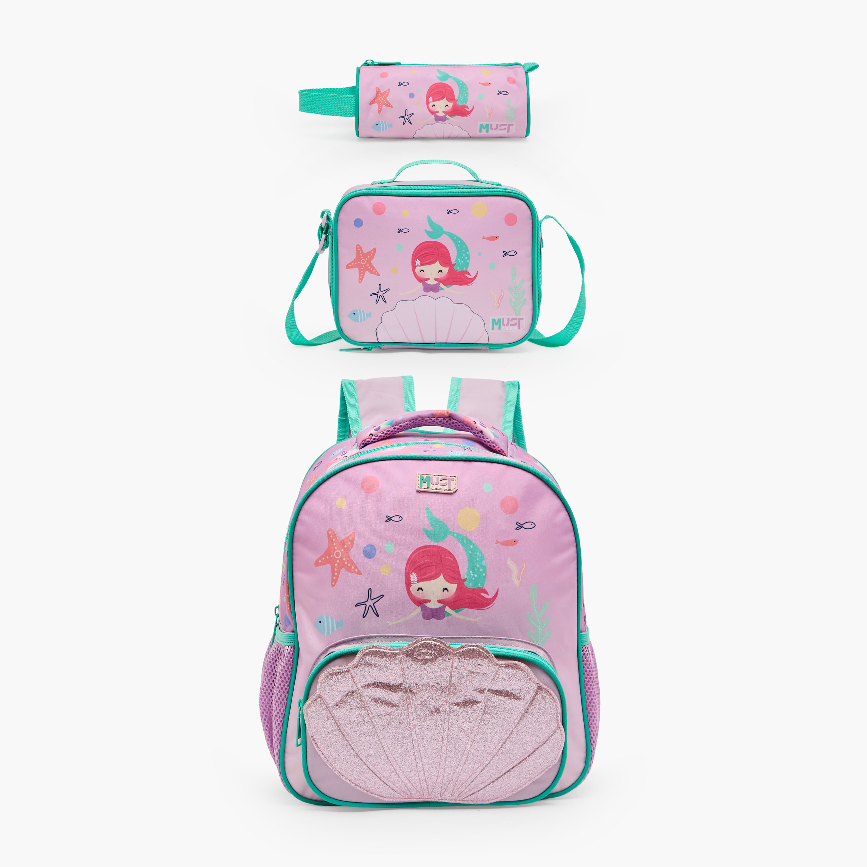 MustTeam Mermaid Print 3-Piece Backpack Set for Girls 2-5 Years with Lunch Box and Pouch - 12 inches-school-bagsandbackpacks-backpacks-image-2