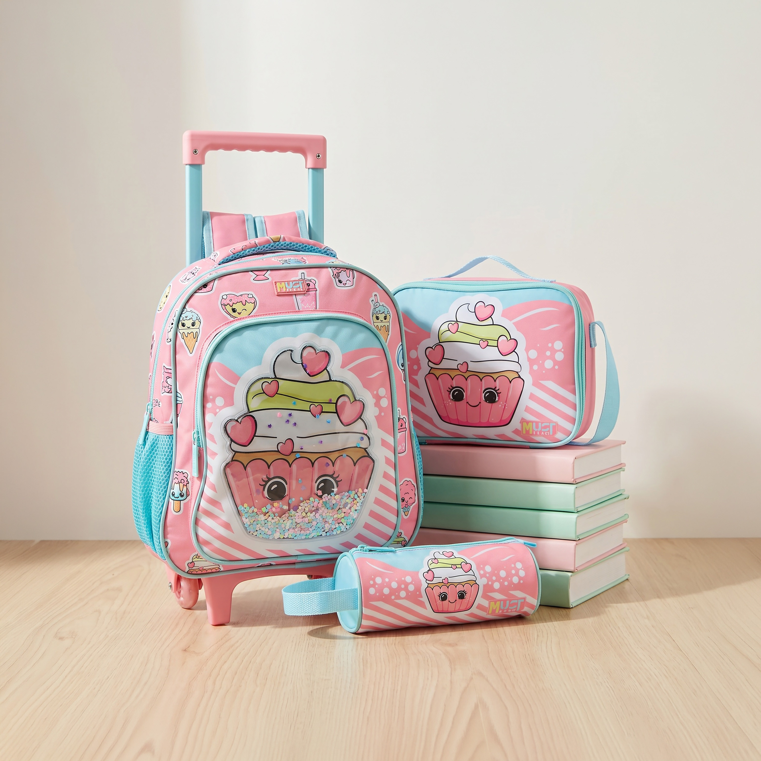 MustTeam Printed 3-Piece School Trolley Bag Set for Girls 2-5 Years with Lunch Bag - 12 inches-school-bagsandbackpacks-trolleybags-image-1