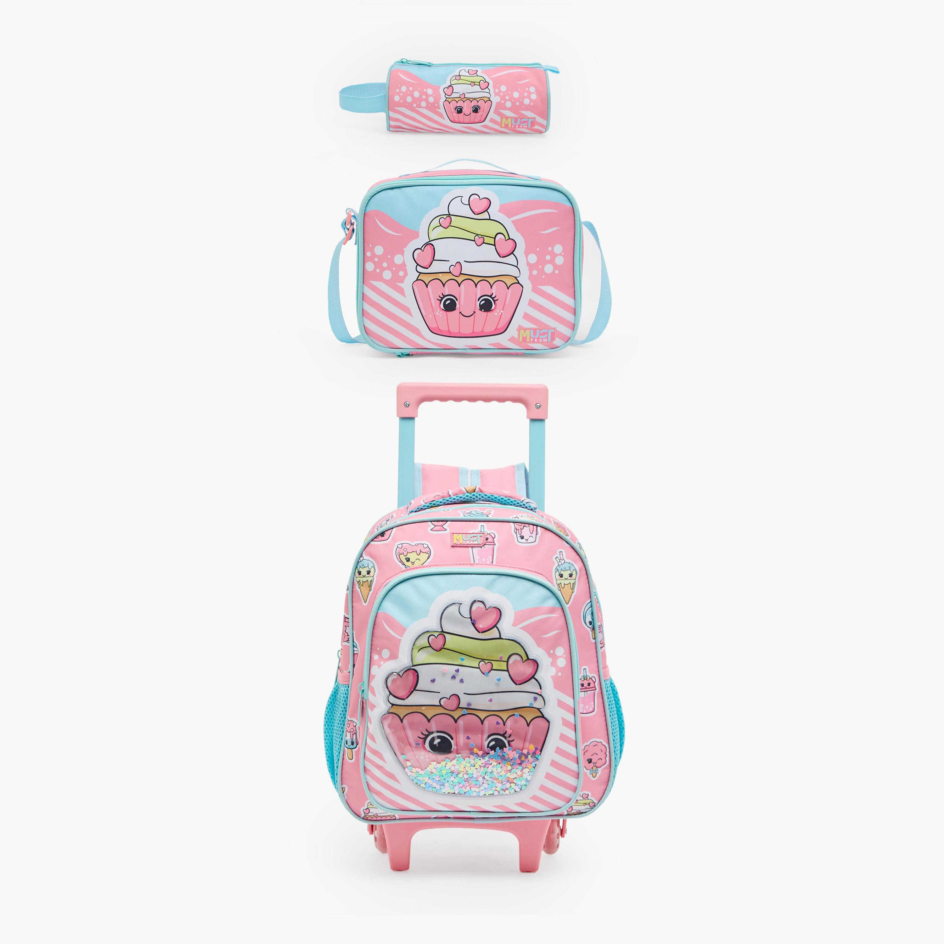 MustTeam Printed 3-Piece School Trolley Bag Set for Girls 2-5 Years with Lunch Bag - 12 inches-school-bagsandbackpacks-trolleybags-image-2