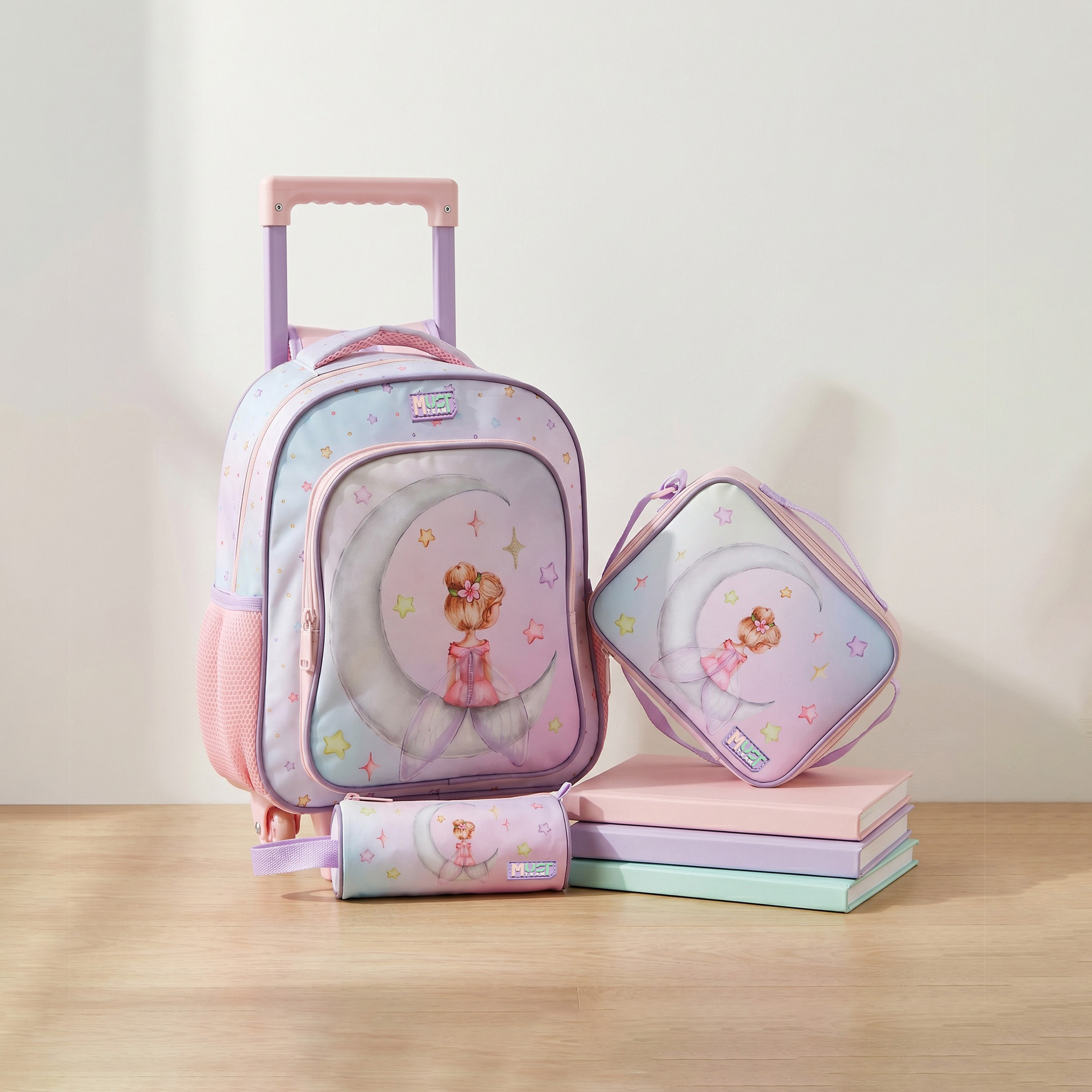 MustTeam Fairy Print 3-Piece School Trolley Bag Set for Girls 2-5 Years with Lunch Bag - 12 inches-school-bagsandbackpacks-trolleybags-image-1
