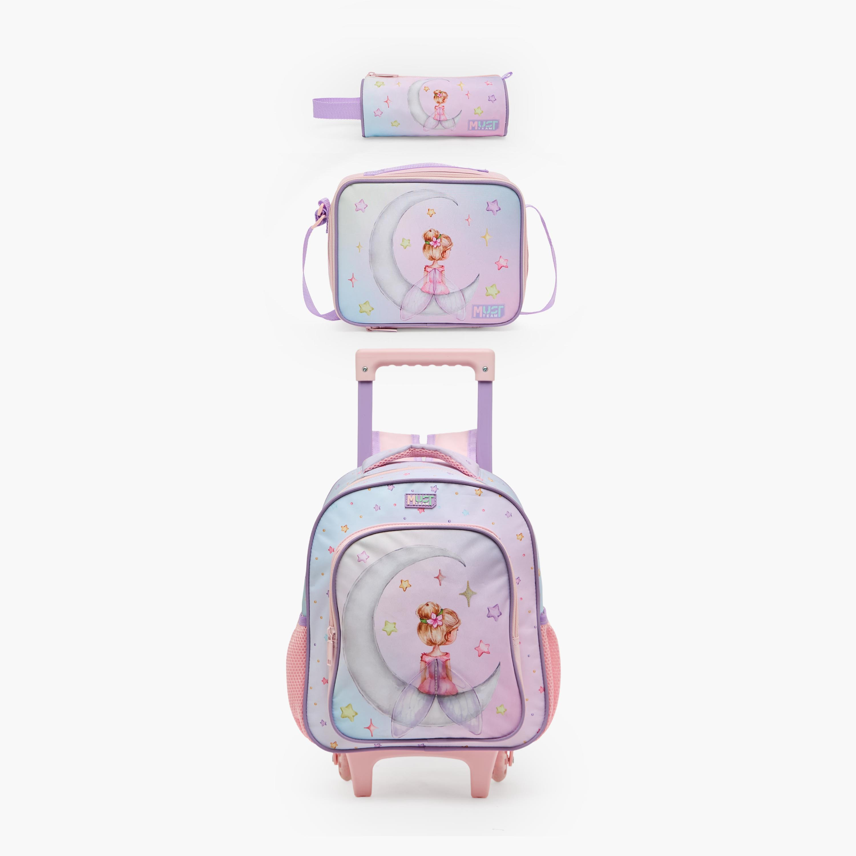 MustTeam Fairy Print 3-Piece School Trolley Bag Set for Girls 2-5 Years with Lunch Bag - 12 inches-school-bagsandbackpacks-trolleybags-image-2