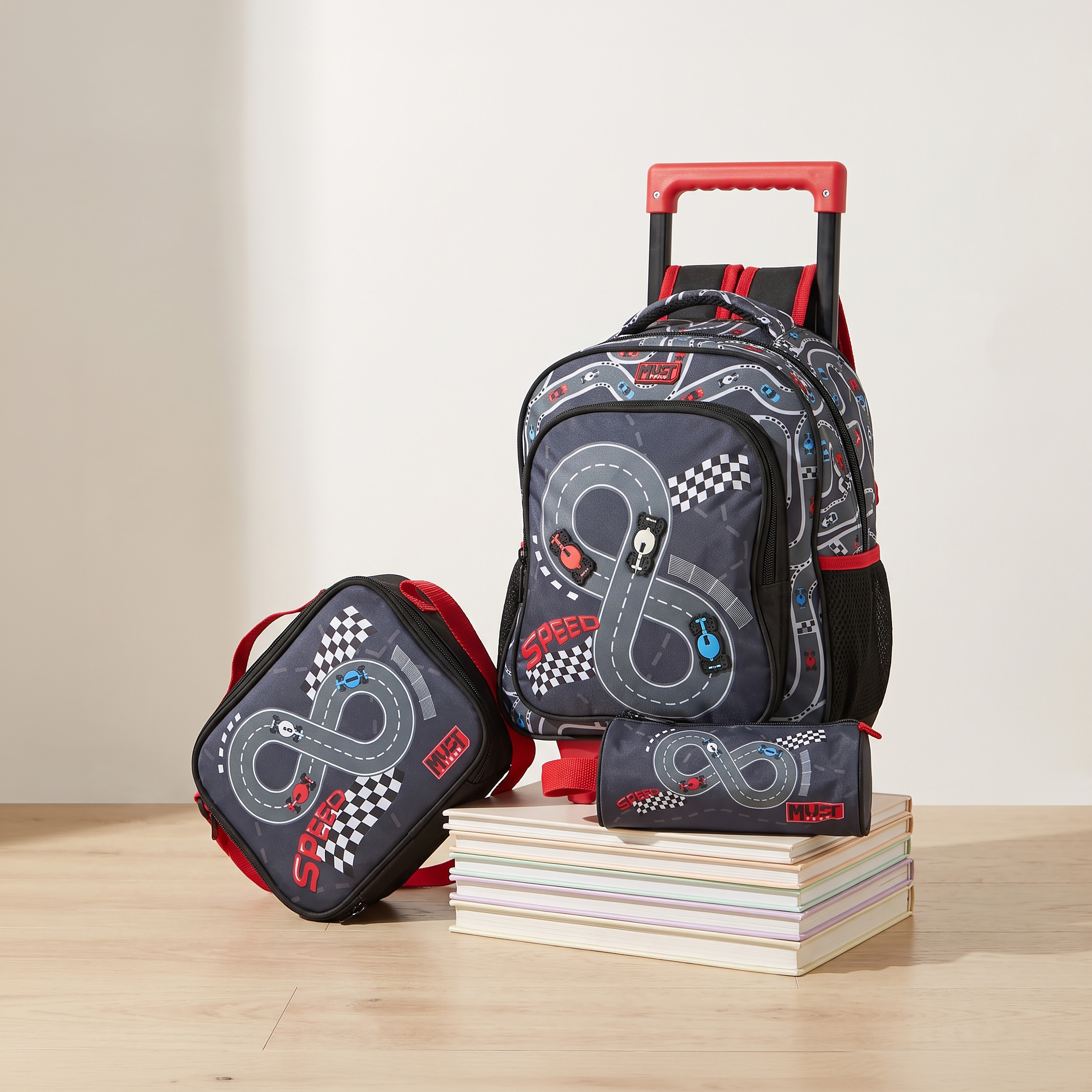 MustTeam Printed 3-Piece School  Trolley Bag Set for Boys 2-5 Years with Lunch Bag - 12 inches-school-bagsandbackpacks-trolleybags-image-1