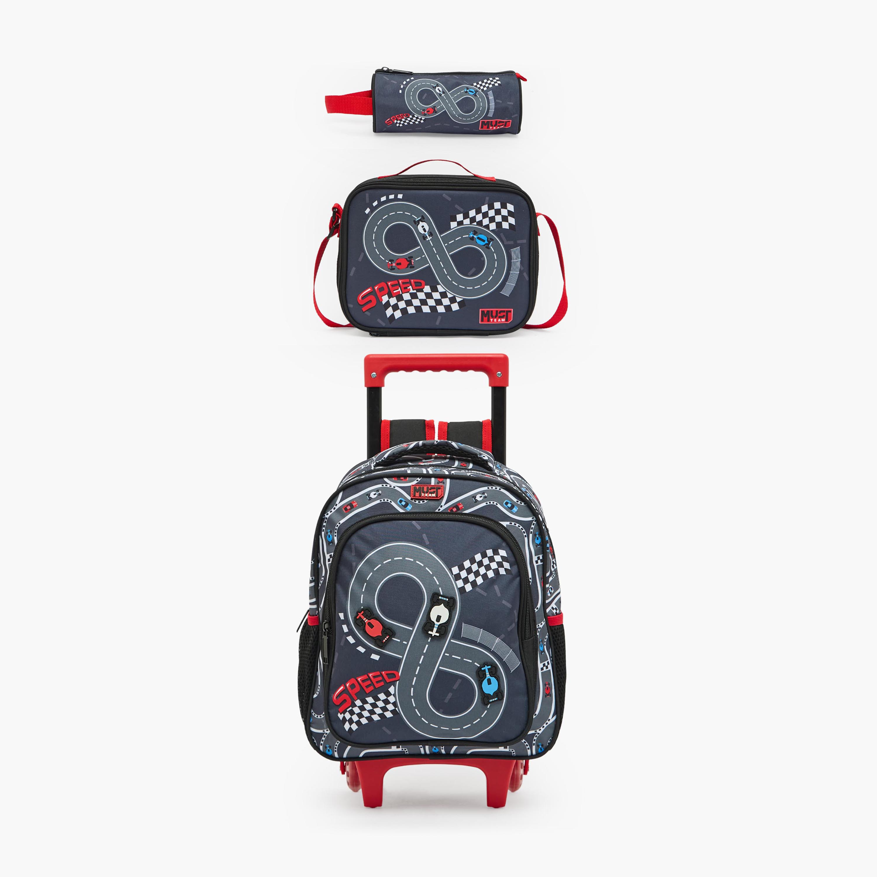 MustTeam Printed 3-Piece School  Trolley Bag Set for Boys 2-5 Years with Lunch Bag - 12 inches-school-bagsandbackpacks-trolleybags-image-2