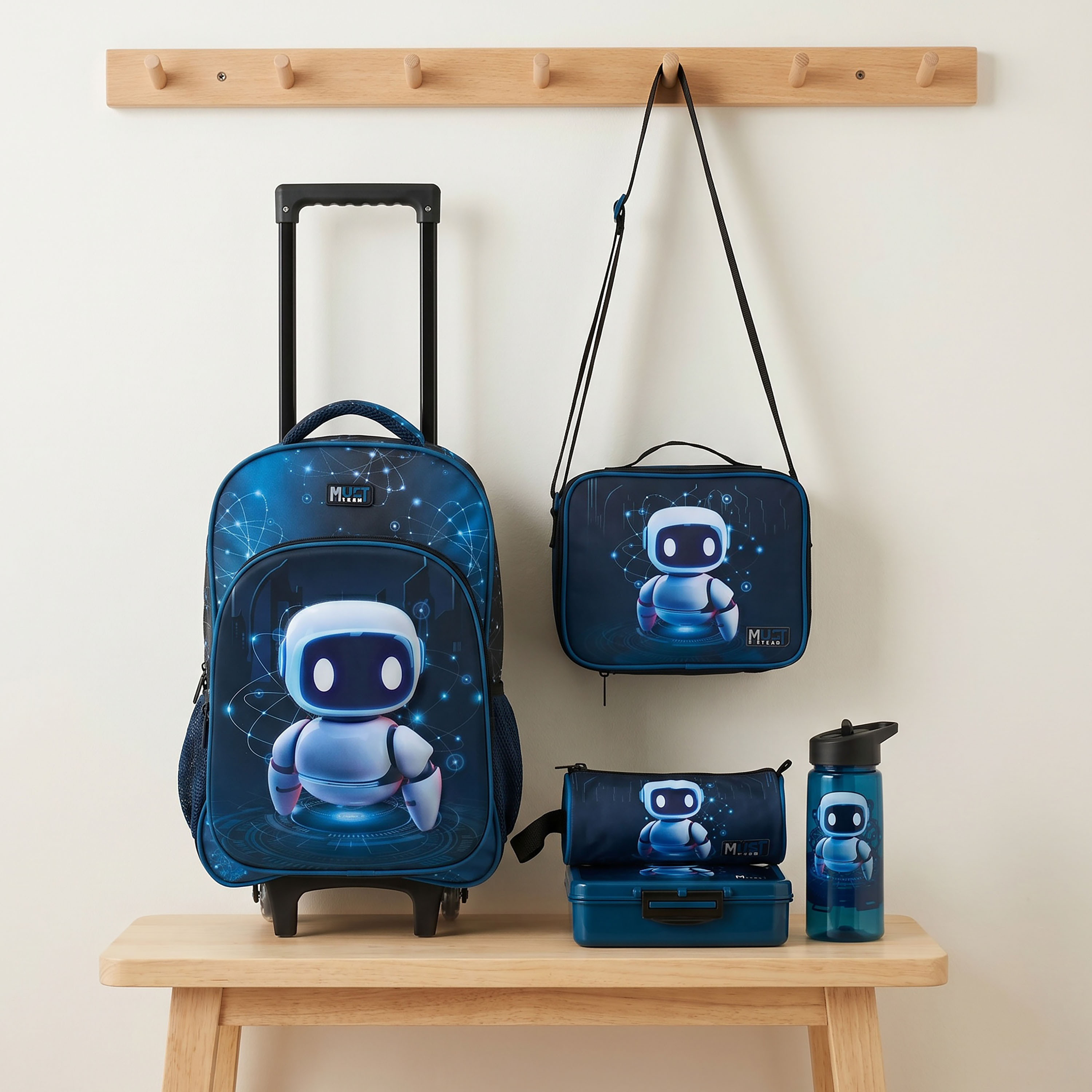 MustTeam Robot Print 5-Piece School Trolley Bag Set for Boys 5-8 Years with Pencil Pouch - 16 inches-school-bagsandbackpacks-trolleybags-image-1
