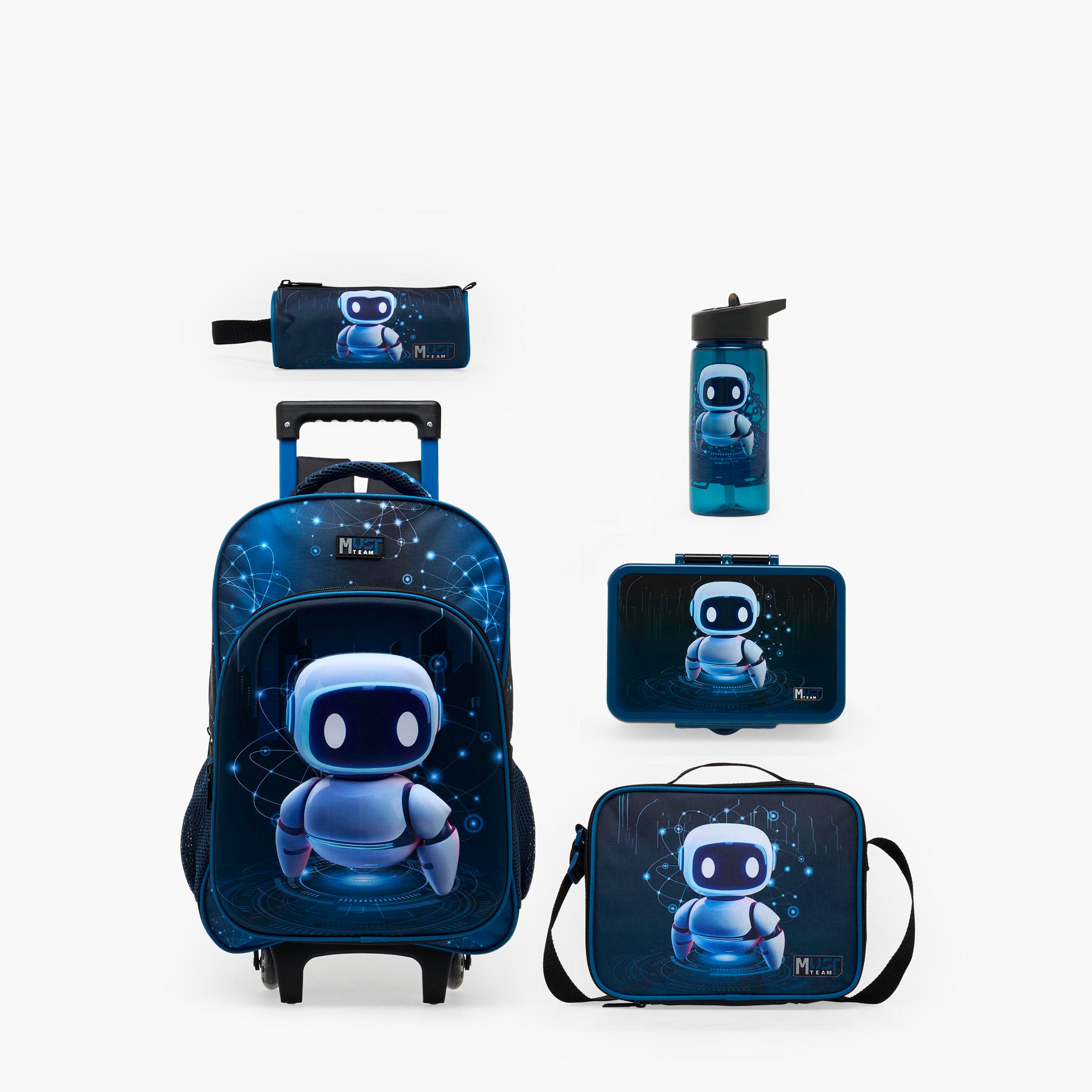 MustTeam Robot Print 5-Piece School Trolley Bag Set for Boys 5-8 Years with Pencil Pouch - 16 inches-school-bagsandbackpacks-trolleybags-image-2