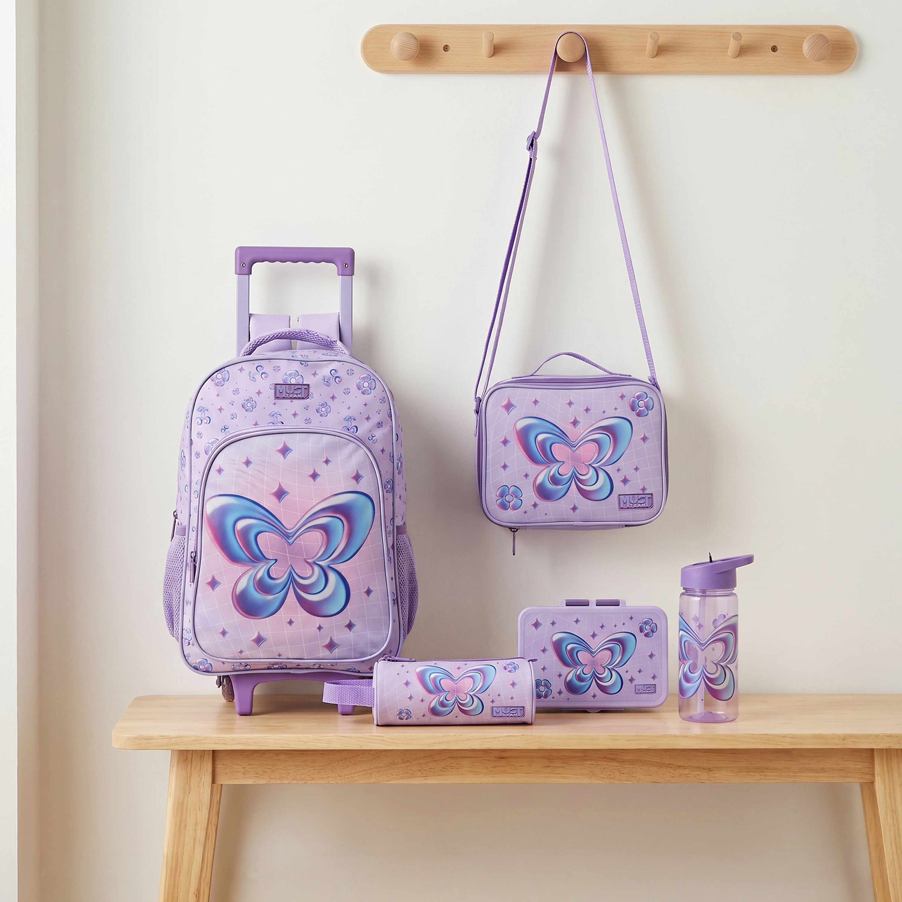MustTeam Butterfly Print 5-Piece Trolley School Bag Set for Girls 5-8 Years with Lunch Box-16 inches-school-bagsandbackpacks-trolleybags-image-1