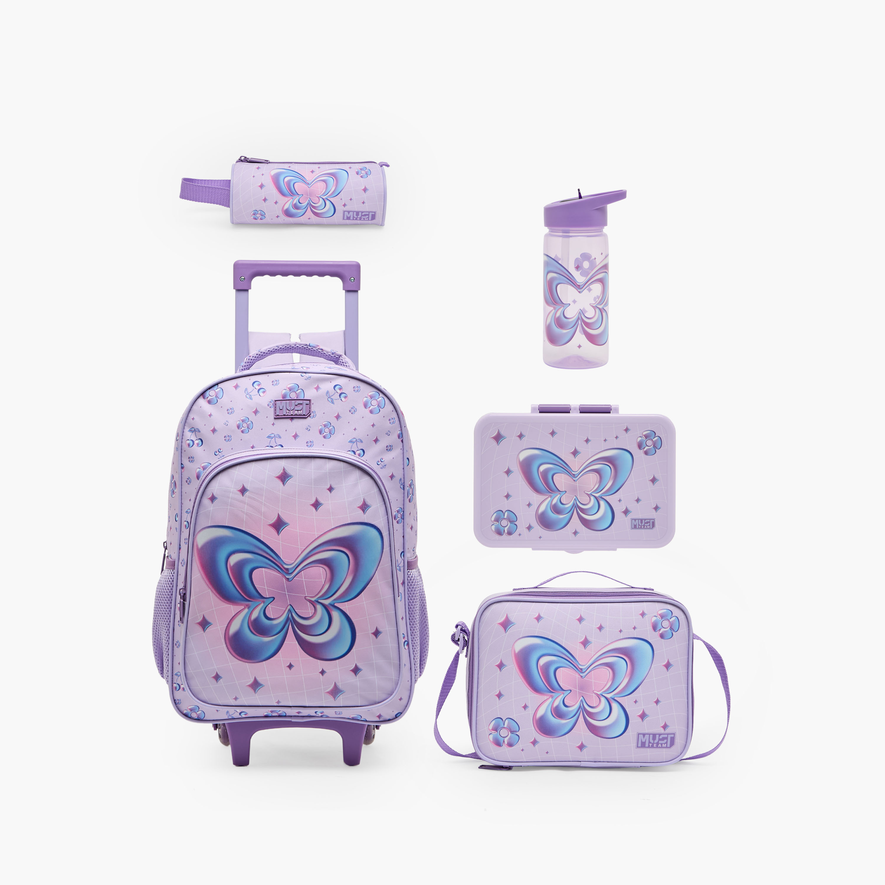 MustTeam Butterfly Print 5-Piece Trolley School Bag Set for Girls 5-8 Years with Lunch Box-16 inches-school-bagsandbackpacks-trolleybags-image-2