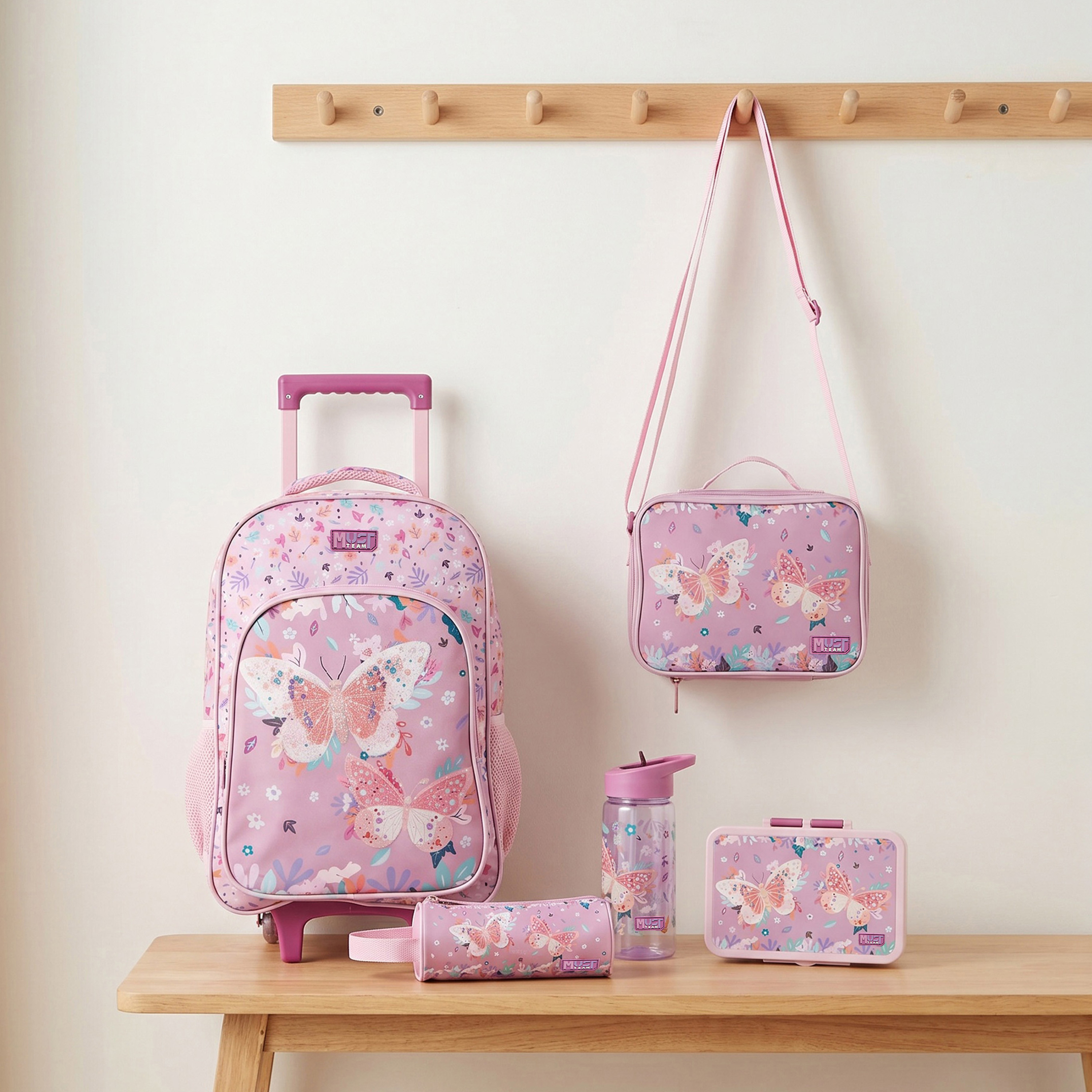 MustTeam Butterfly 5-Piece Trolley School Bag Set for Girls 5-8 Years with Lunch Box - 16 inches-school-bagsandbackpacks-trolleybags-image-1