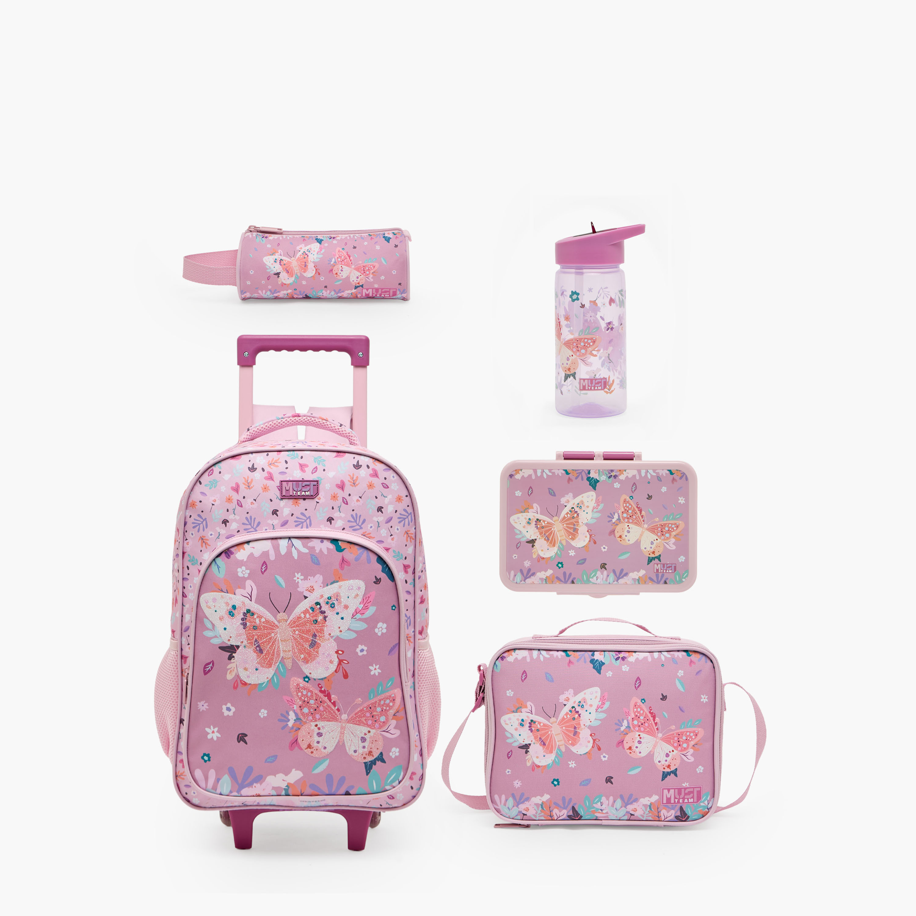 MustTeam Butterfly 5-Piece Trolley School Bag Set for Girls 5-8 Years with Lunch Box - 16 inches-school-bagsandbackpacks-trolleybags-image-2