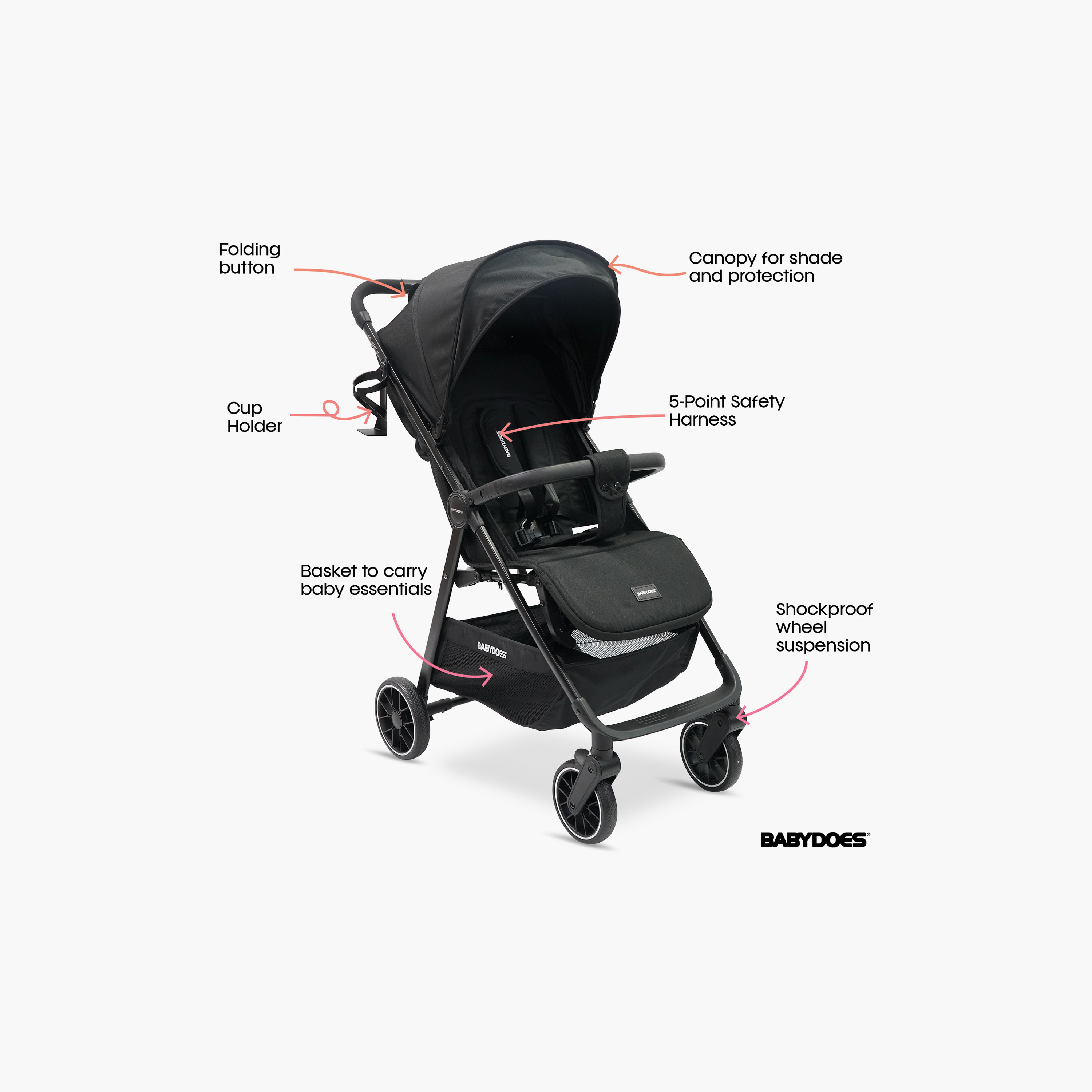 Babydoes Calverton - One-Hand Folding Baby Stroller, 5-Point Harness, Adjustable Backrest & Footrest-baby-gear-strollersandprams-strollers-image-21