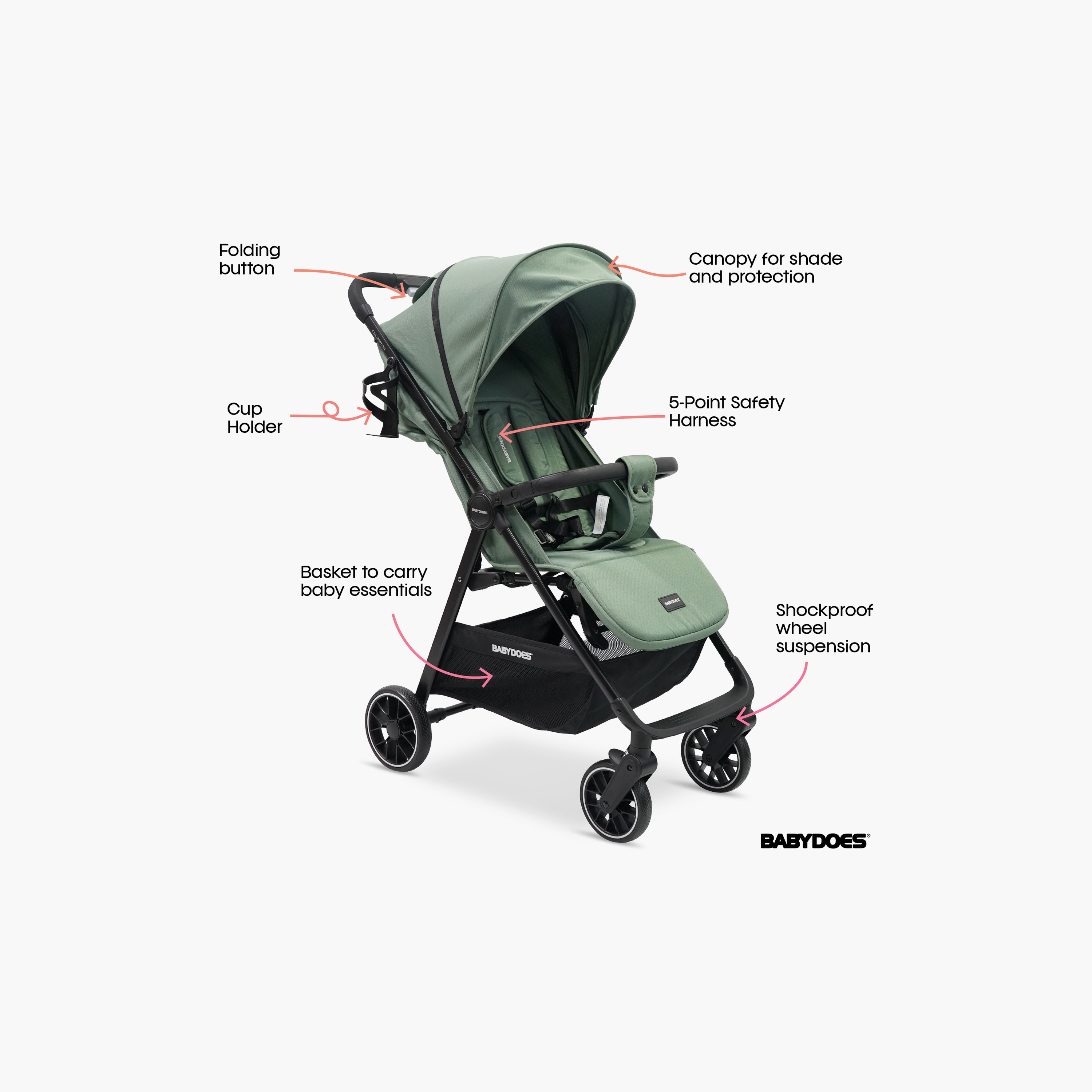 Babydoes Calverton - One-Hand Folding Baby Stroller, 5-Point Harness, Adjustable Backrest & Footrest-baby-gear-strollersandprams-strollers-image-3
