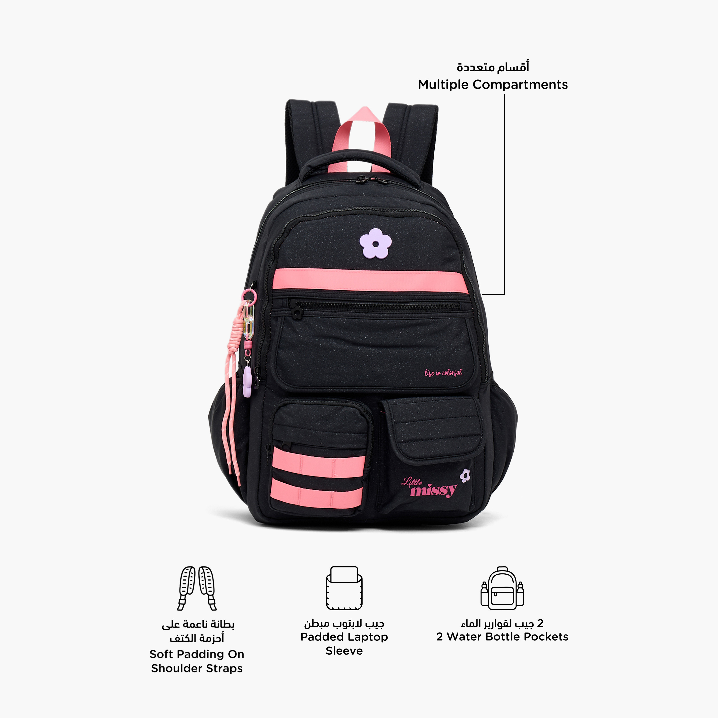 شنطة ظهر بطبعات زهور للبنات من 13 سنة فأكثر مع جيب مبطن للابتوب من ليتل ميسي-school-bagsandbackpacks-backpacks-image-2