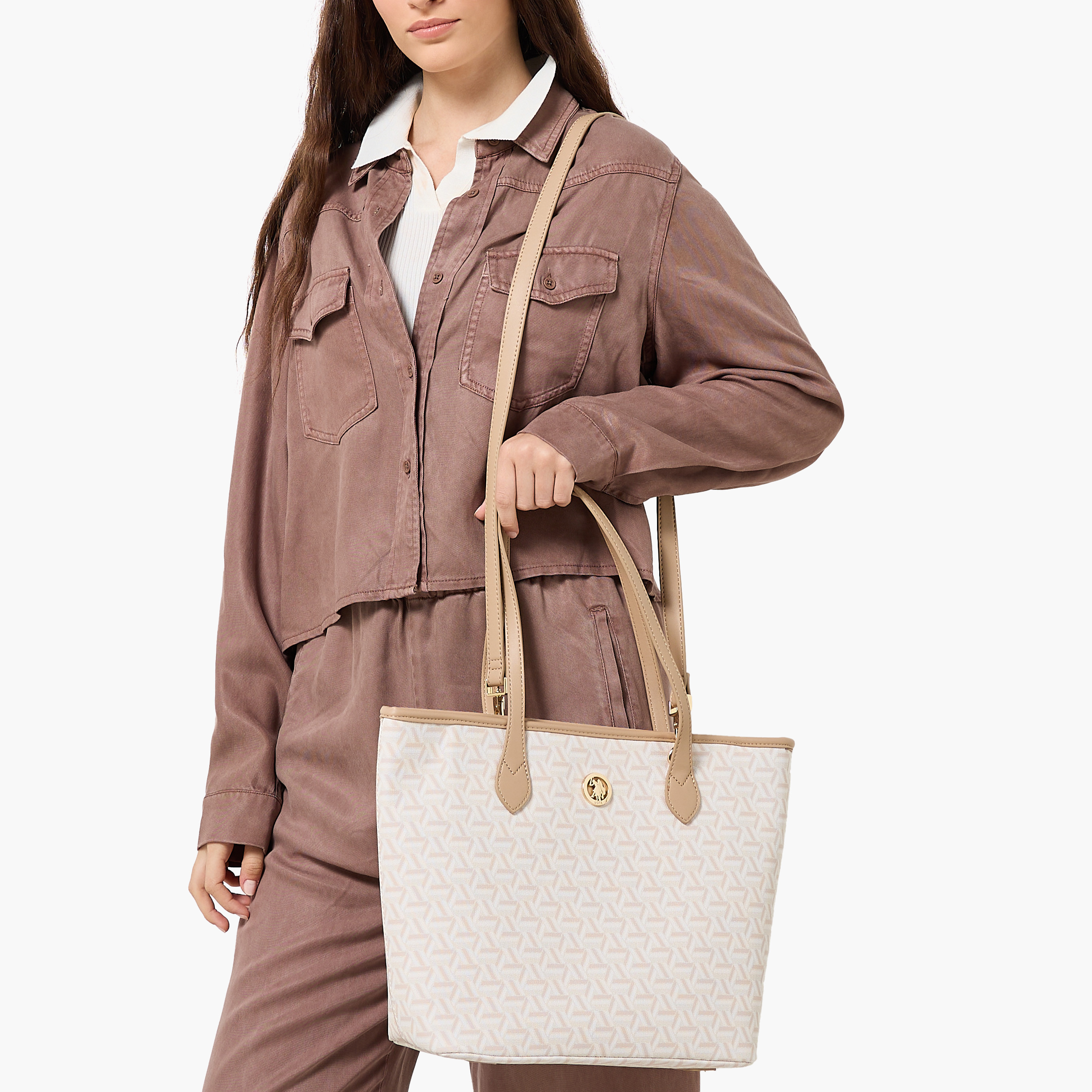 US POLO ASSN. Geometric Print Tote Bag with Detachable Strap-women-bagsandwallets-handbags-image-1