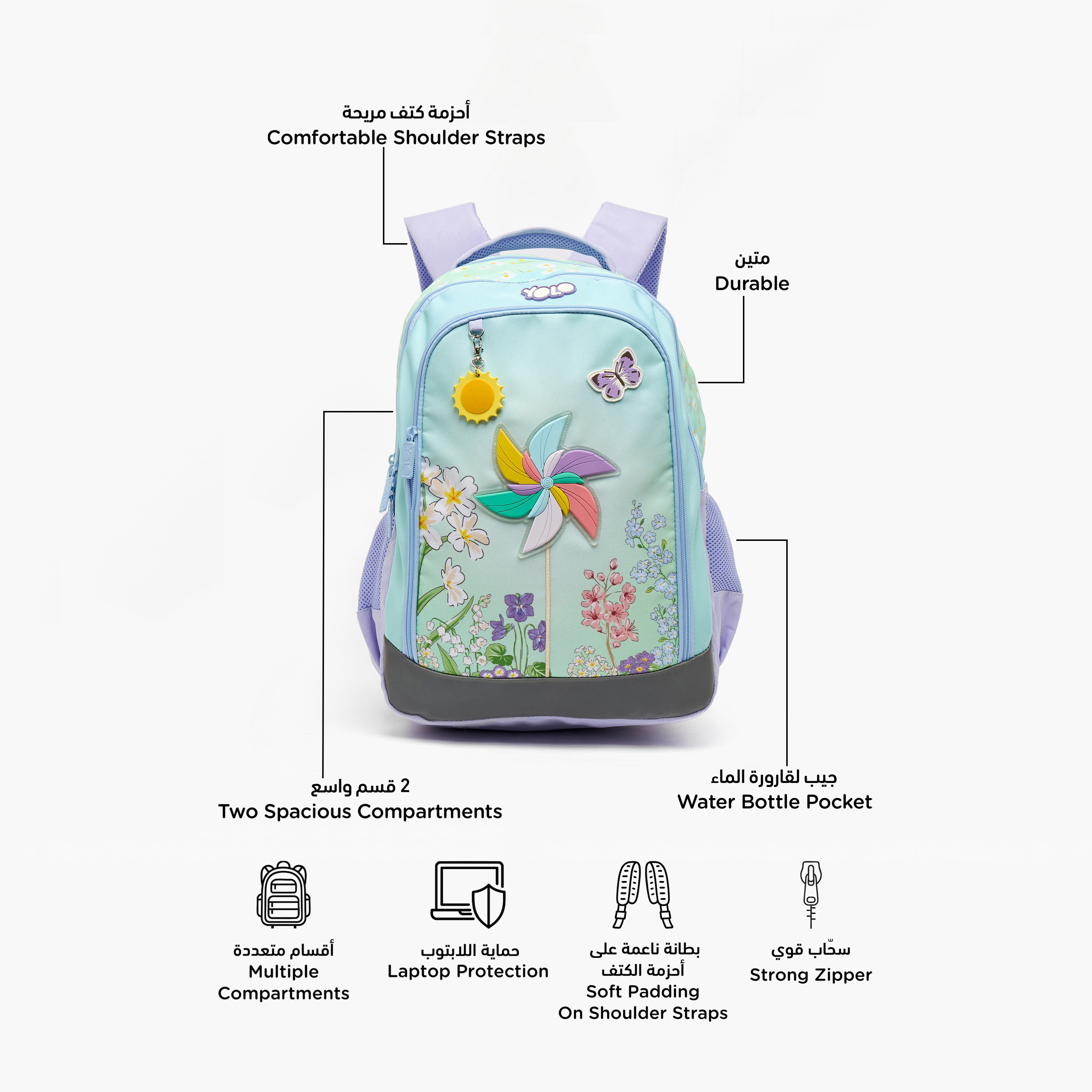 Yolo Floral Print Backpack for Girls 8-13 Years with Padded Straps - 18 inches-school-bagsandbackpacks-backpacks-image-7